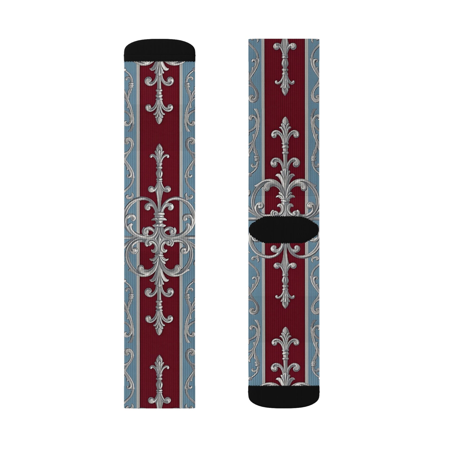 Elegant Sublimation Socks - Vintage Floral Design for Luxe Style - Ice Blue & Burgundy Striped Baroque