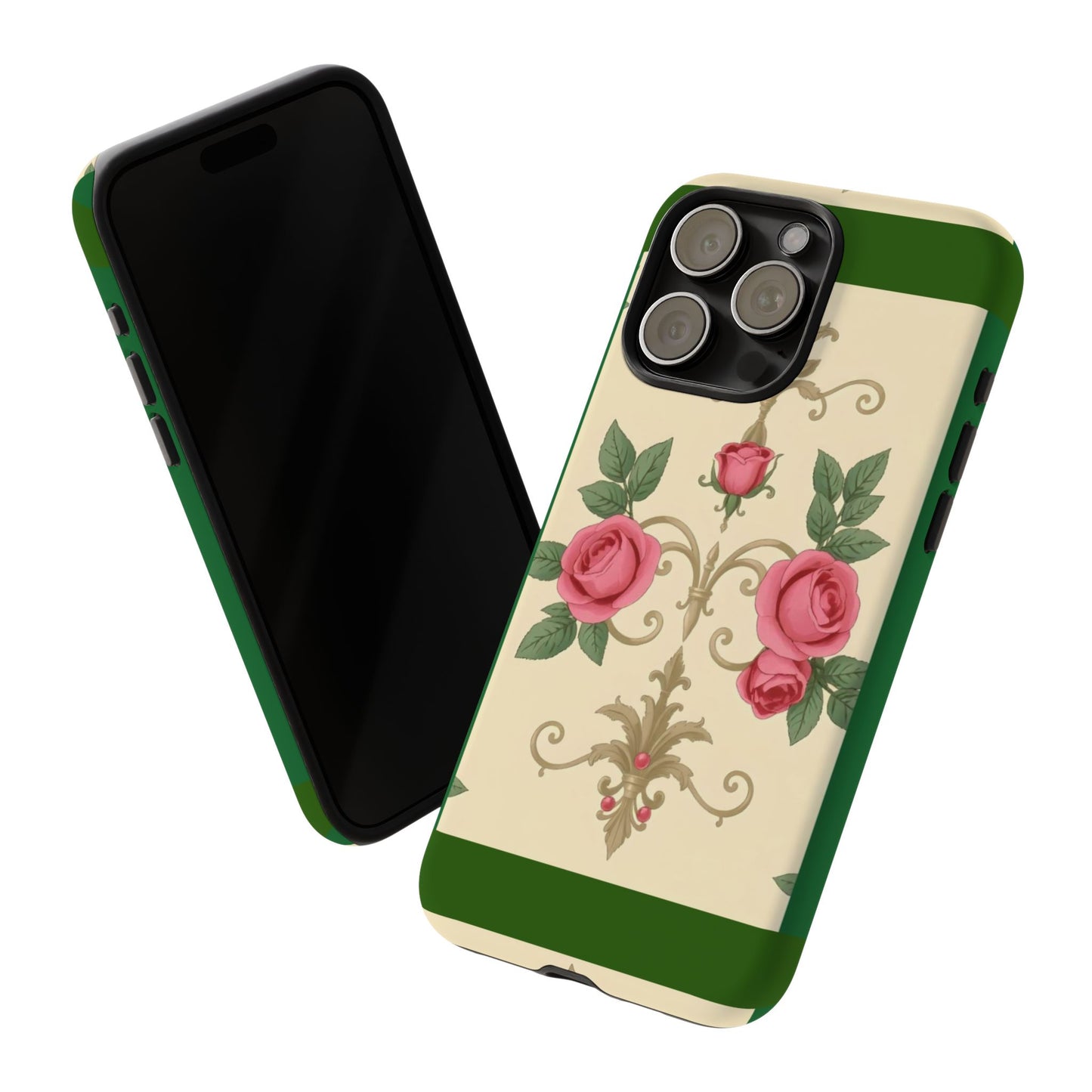 Elegant Floral Motif Phone Case - Tough Cases with Vintage Design - Green Border Roses & Damask