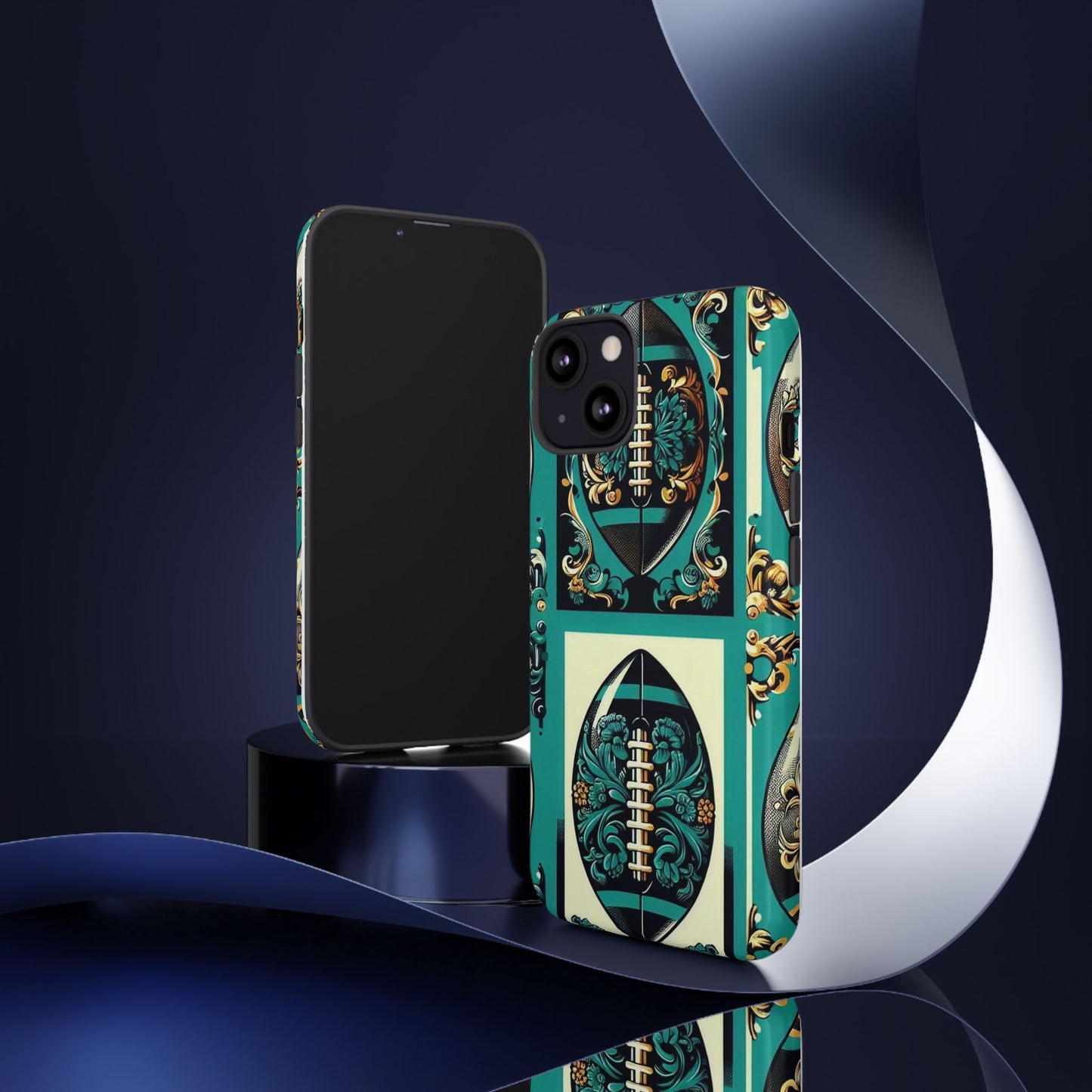 Elegant Floral Motif Phone Case - Tough Cases with Vintage Design -  Damask Teal, Gold & Black Footballs