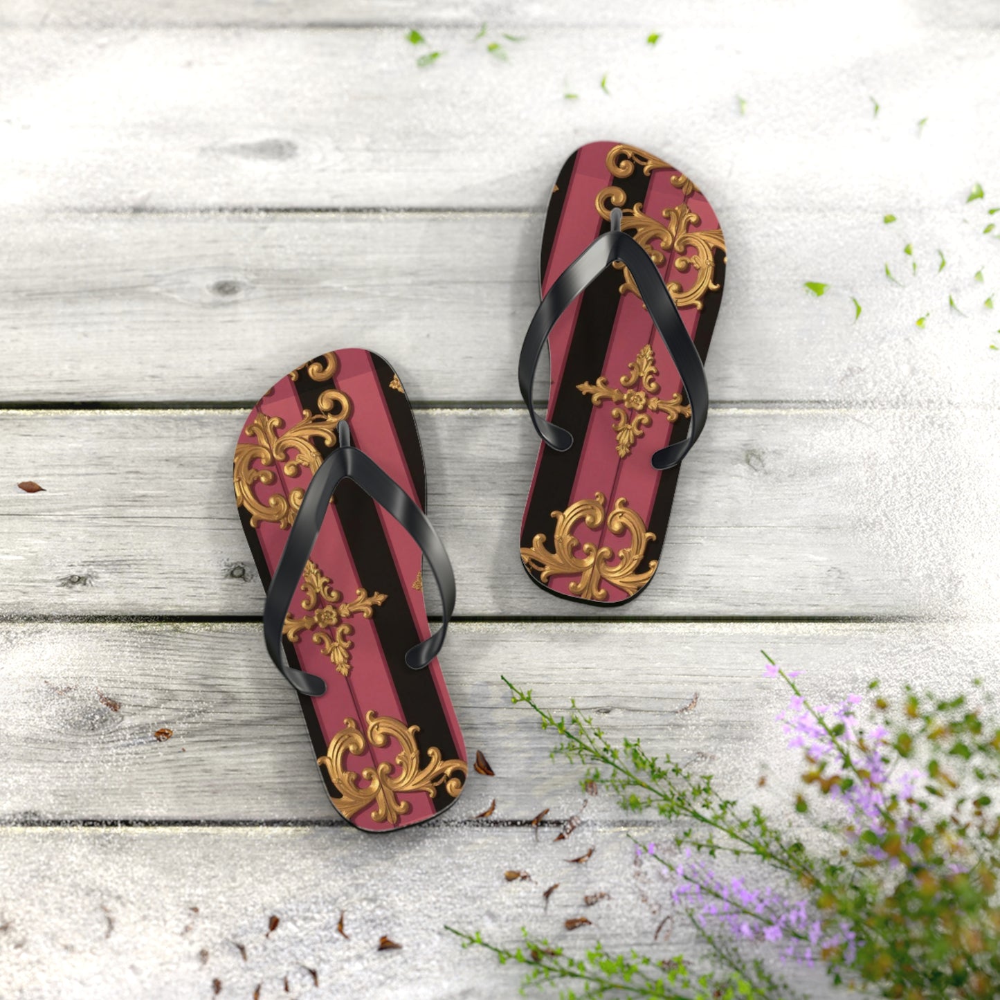 Elegant Black & Mauve Striped Gold Baroque Flip Flops, Chic Footwear for Summer, Pool Parties, Beach Days, Vacation Essentials