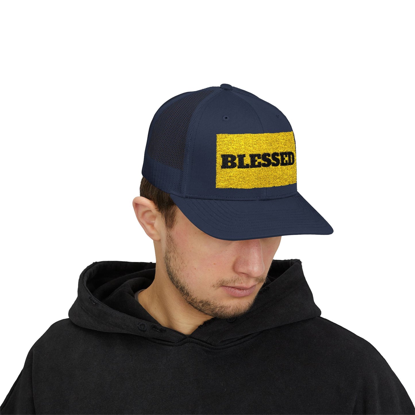 Blessed In Gold Snapback Trucker Cap for Everyday Inspiration, Faith-Based Accessory, Adjustable Hat, Gift for Friends, Motivational Cap