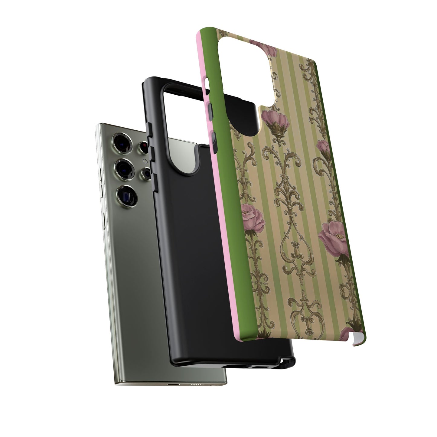 Elegant Floral Motif Phone Case - Tough Cases with Vintage Design - Lime Green & Pink Striped Damask