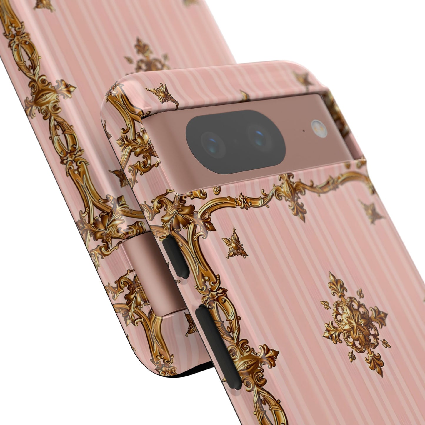 Elegant Floral Phone Case, Tough Cases for Women, Trendy Phone Cover, Chic Gift - Pink Striped Gold Baroque