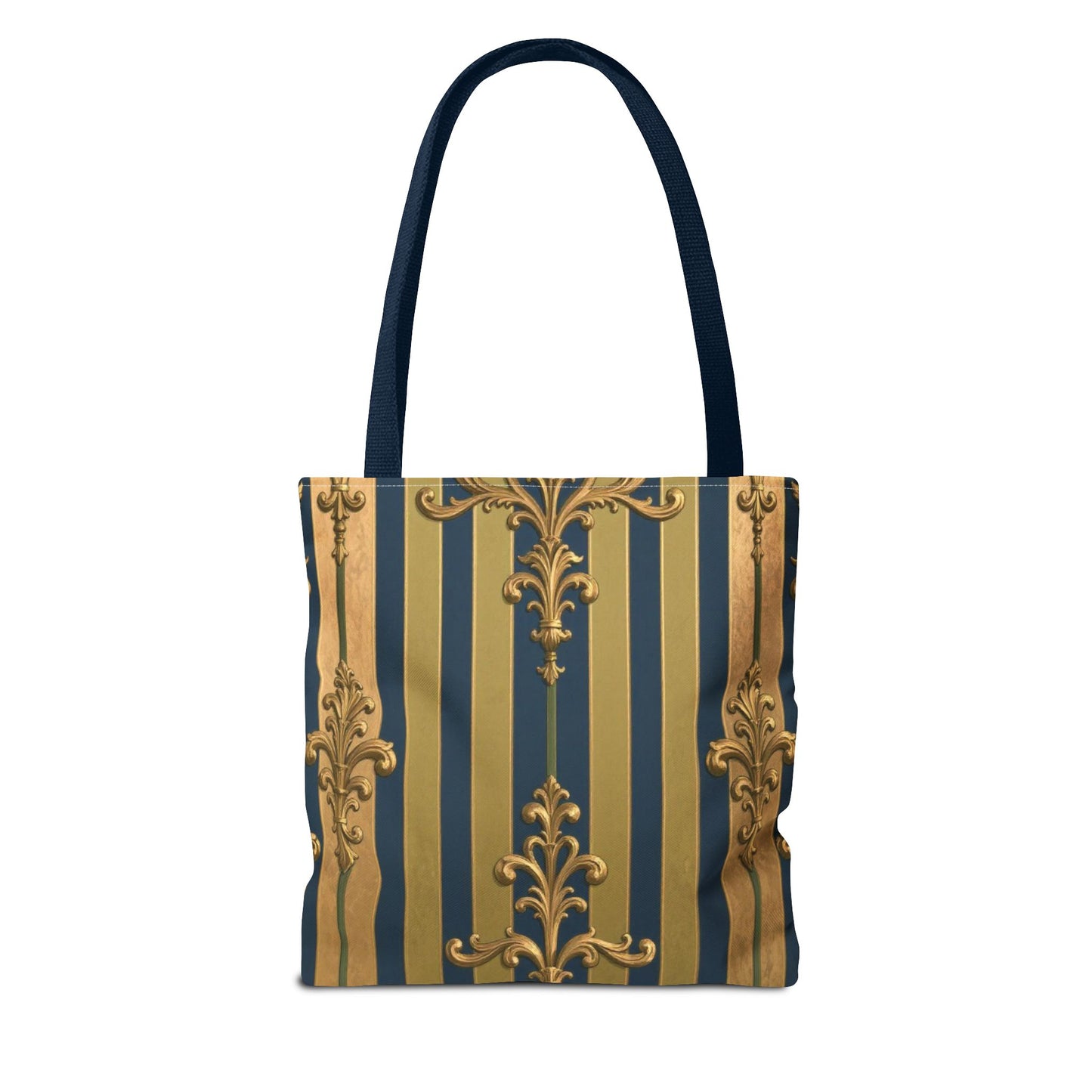 Elegant Midnight Blue & Olive Striped Gold Baroque Golden Striped Tote Bag, Stylish Shopping Bag, Trendy Handbag, Chic Gift for Her