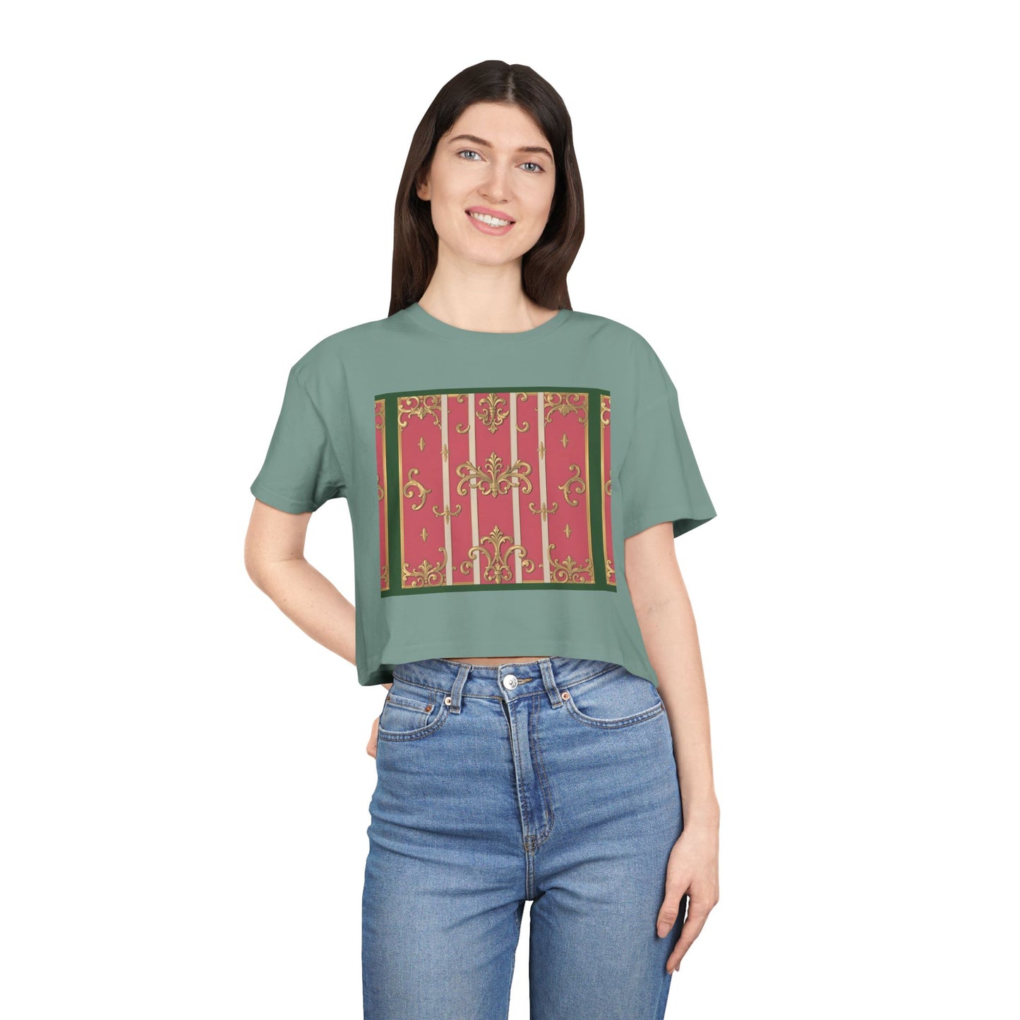 Chic Green Border Pink Striped Baroque Women's Crop Tee - Vintage Style Shirt for Casual Outings, Holidays, Gift Ideas, Spring Fashion, Trendy Top