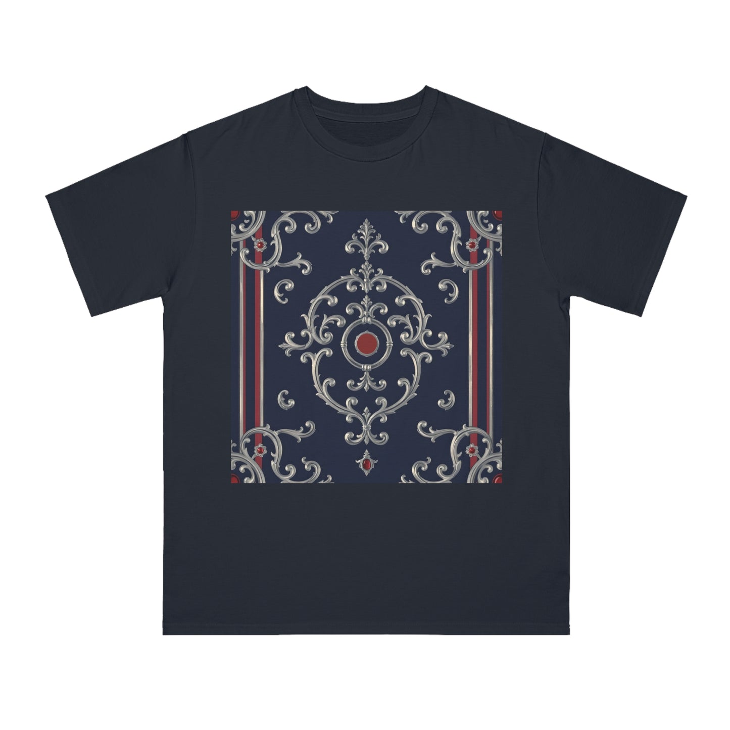 Vintage Pattern Organic Unisex T-Shirt | Baroque Style Tee, Casual Wear, Unique Gift, Eco-Friendly Fashion - Blue & Red Striped Silver Baroque