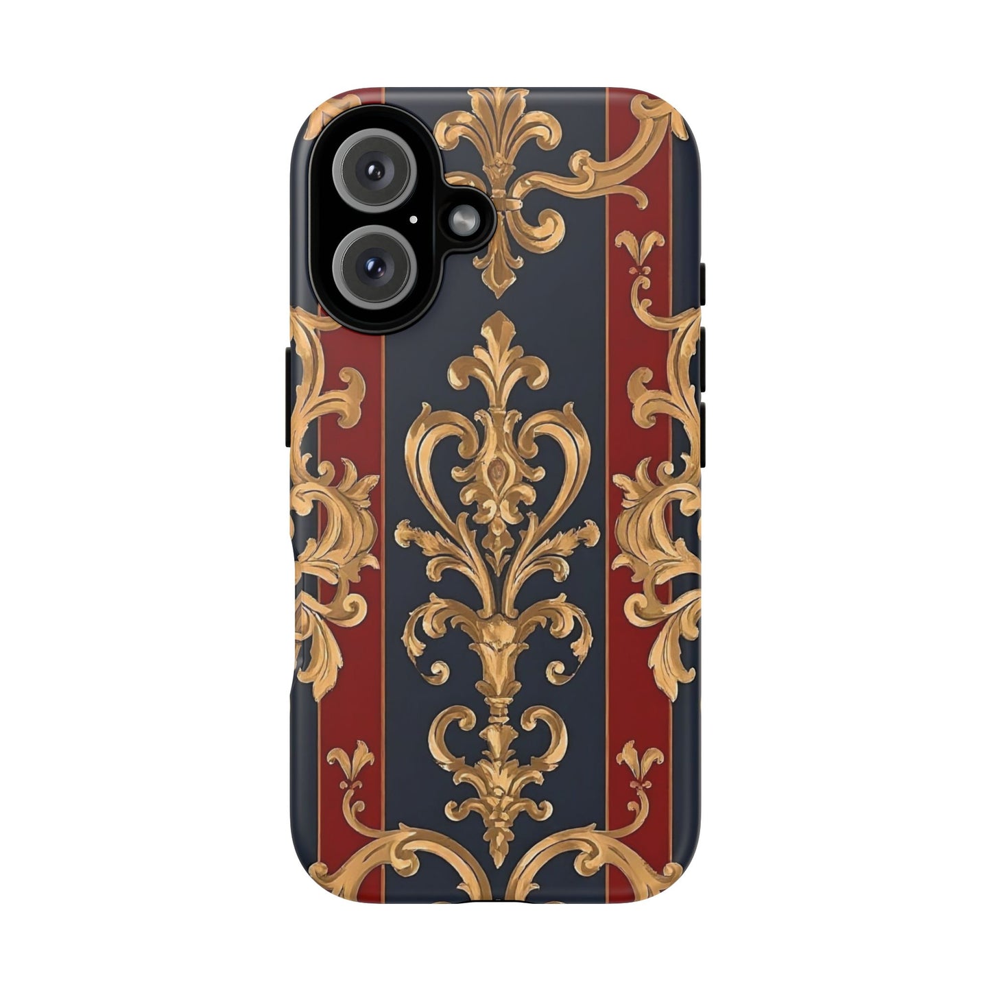 Elegant Floral Motif Phone Case - Tough Cases with Vintage Design - Midnight Blue & Dusk Red Striped Gold Damask