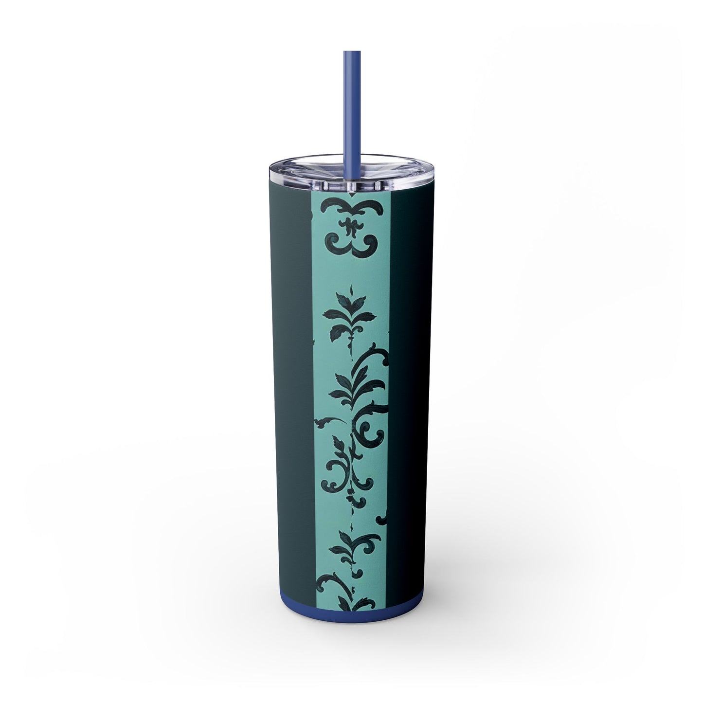 Elegant Floral Skinny Tumbler with Straw, 20oz, Personalized Drinkware, Stylish Travel Mug, Great Gift for Her - Teal Striped Rococo