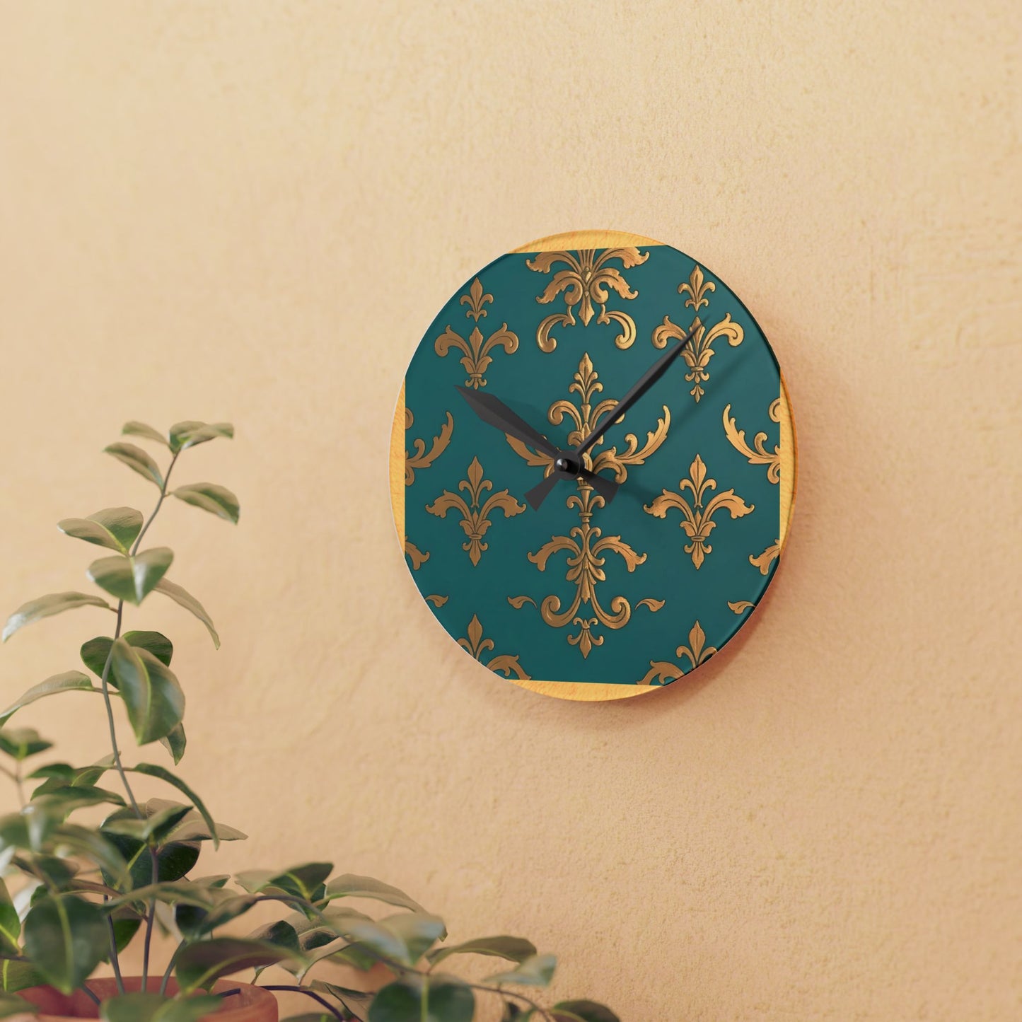 Bohemian Damask-Inspired Acrylic Wall Clock with Floral Design -  Aqua & Gold Design