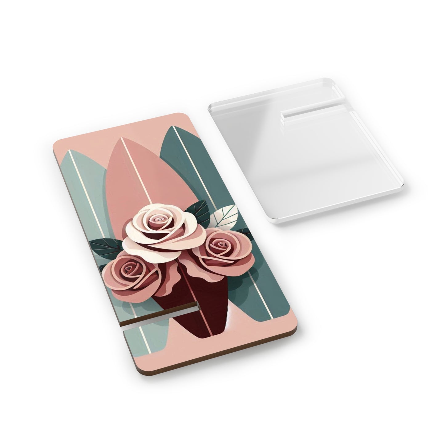 Elegant Floral Smartphone Display Stand - Burgundy, Matte Mauve & Teal Surfboard & Roses - Decorative Mobile Holder