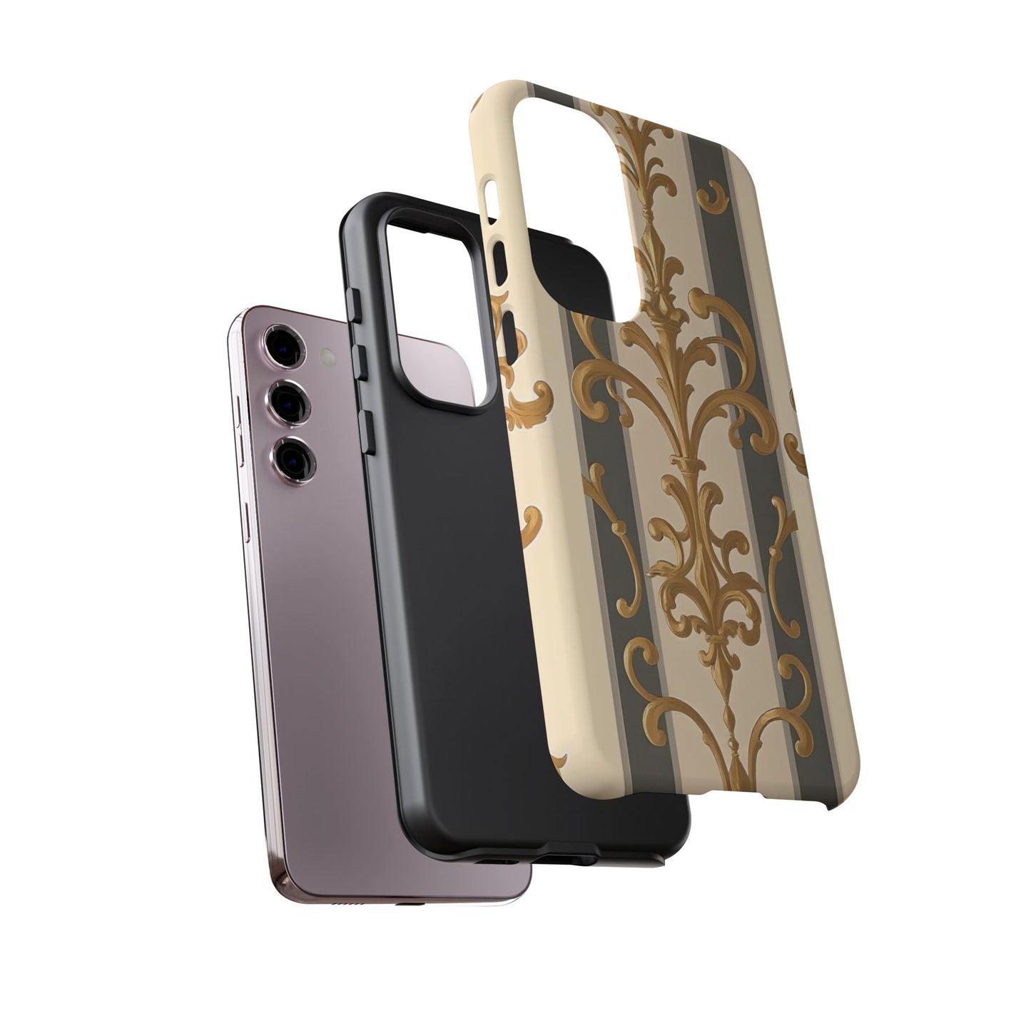 Elegant Floral Motif Phone Case - Tough Cases with Vintage Design - Dusk Olive Striped Gold Damask