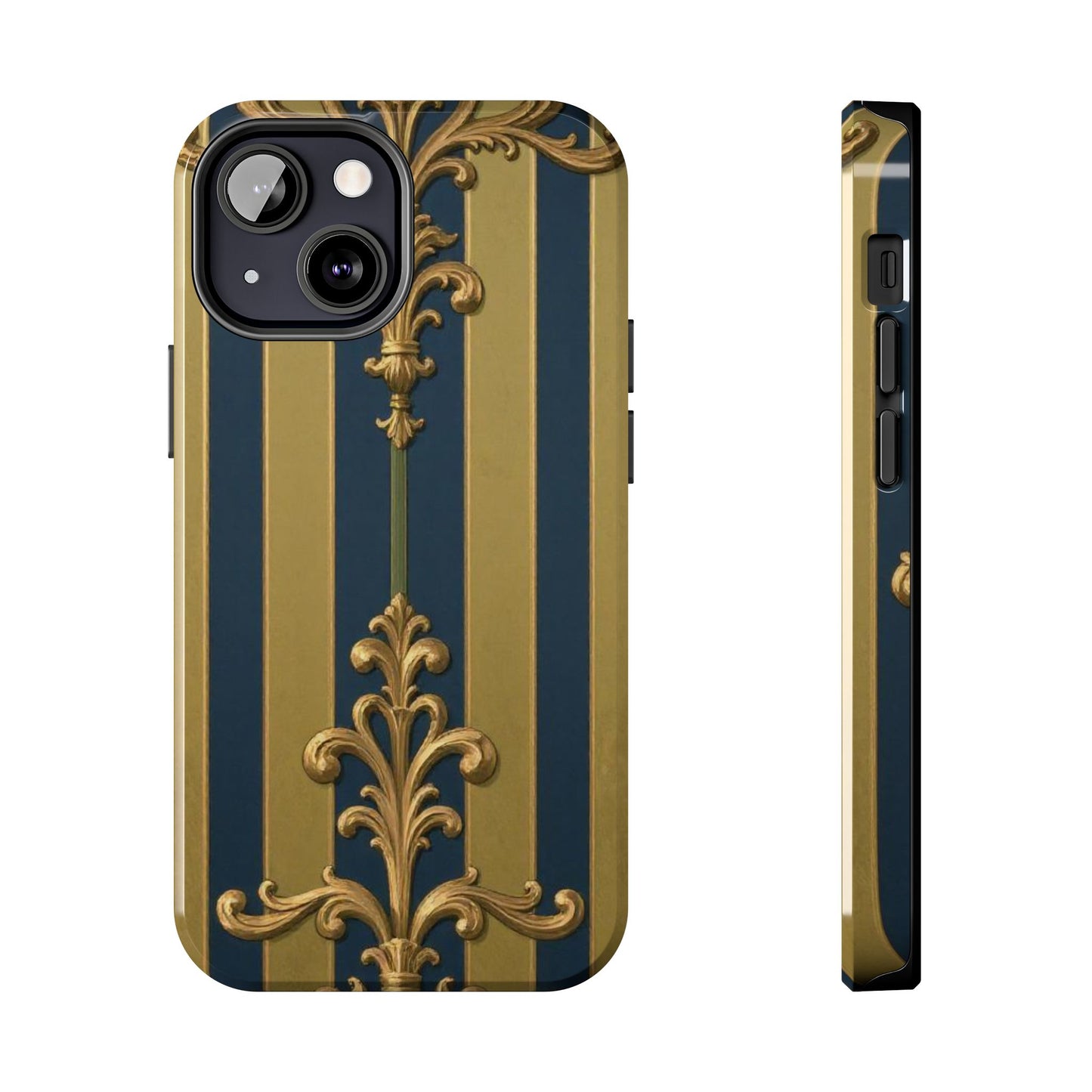 Elegant Midnight Blue & Olive Striped Gold Baroque Tough Phone Case, Phone Cover, Durable Case for Protection, Stylish Gift for Him/Her