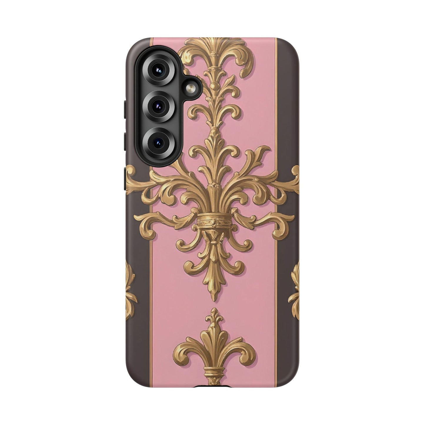 Elegant Floral Motif Phone Case - Tough Cases with Vintage Design - Pink & Brown Striped Gold Damask