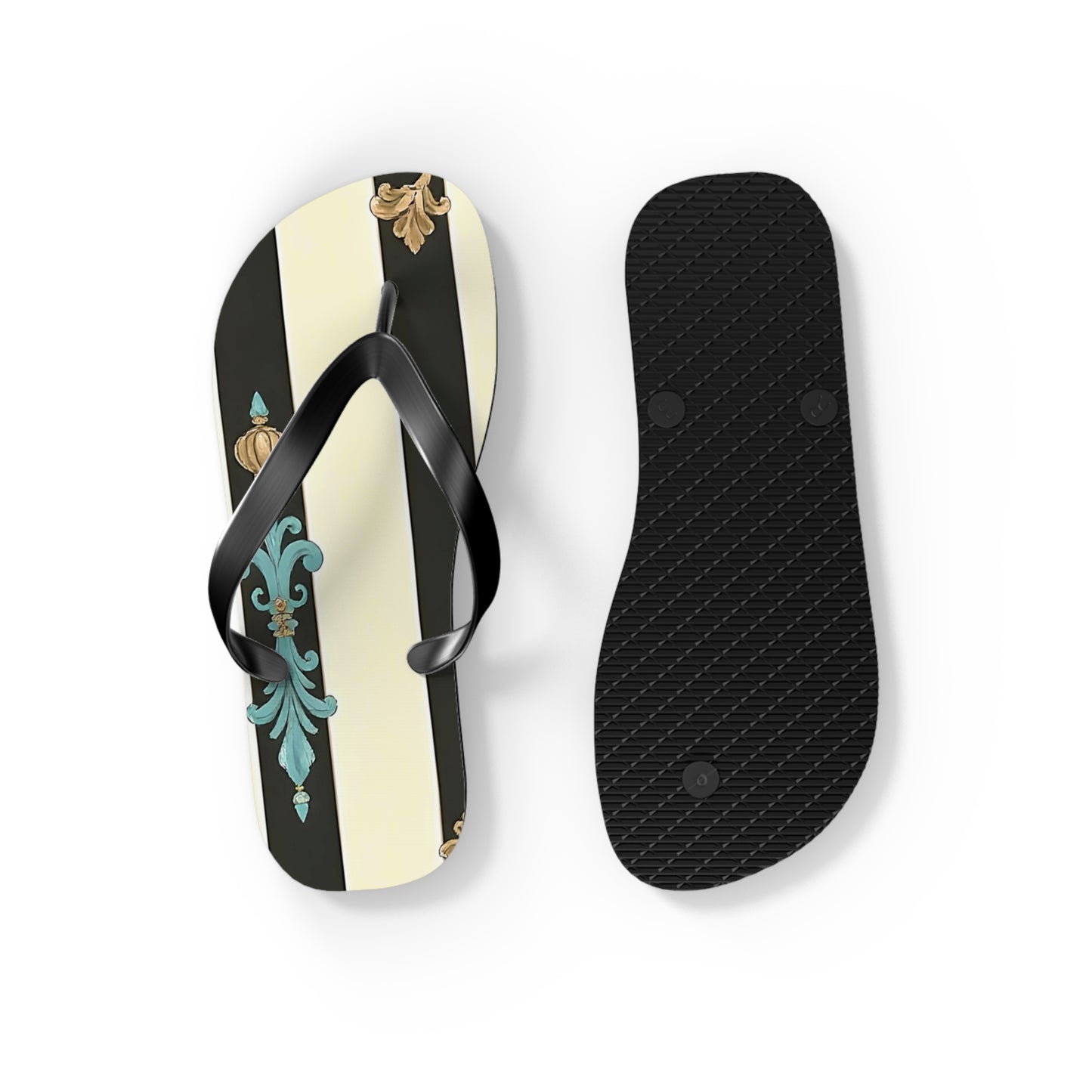 Stylish Flip Flops | Beach Sandals, Summer Footwear, Vacation Getaway, Casual Summer Style - Black Striped Turquoise & Black Rococo