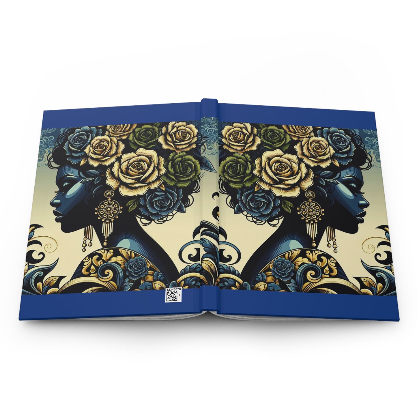 Elegant Floral Hardcover Journal - Stylish Writing Notebook - Midnight Blue Lady With Roses & Damask Design