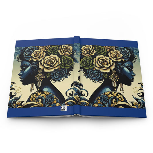 Elegant Floral Hardcover Journal - Stylish Writing Notebook - Midnight Blue Lady With Roses & Damask Design