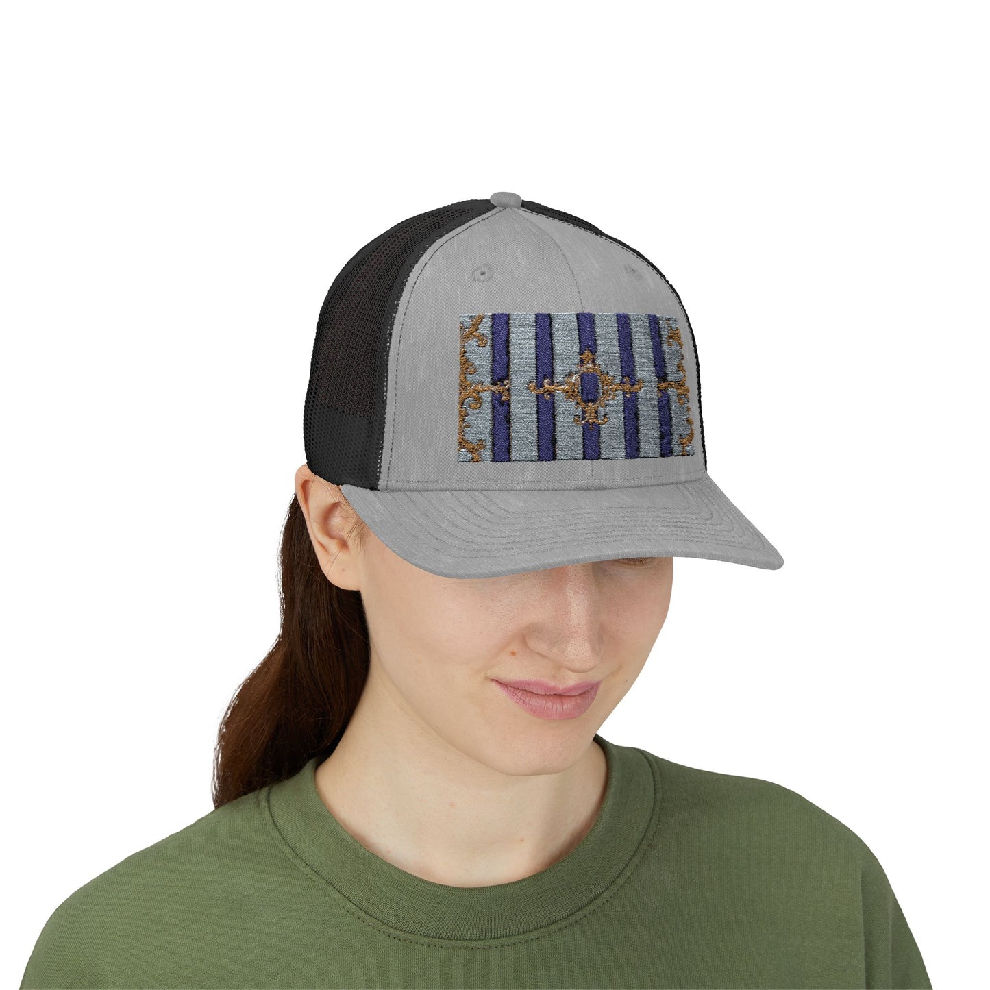 Stylish Snapback Trucker Cap with Vibrant Pattern, Trendy Hat for Outdoor Adventures, Casual Wear - Striped Gold Baroque