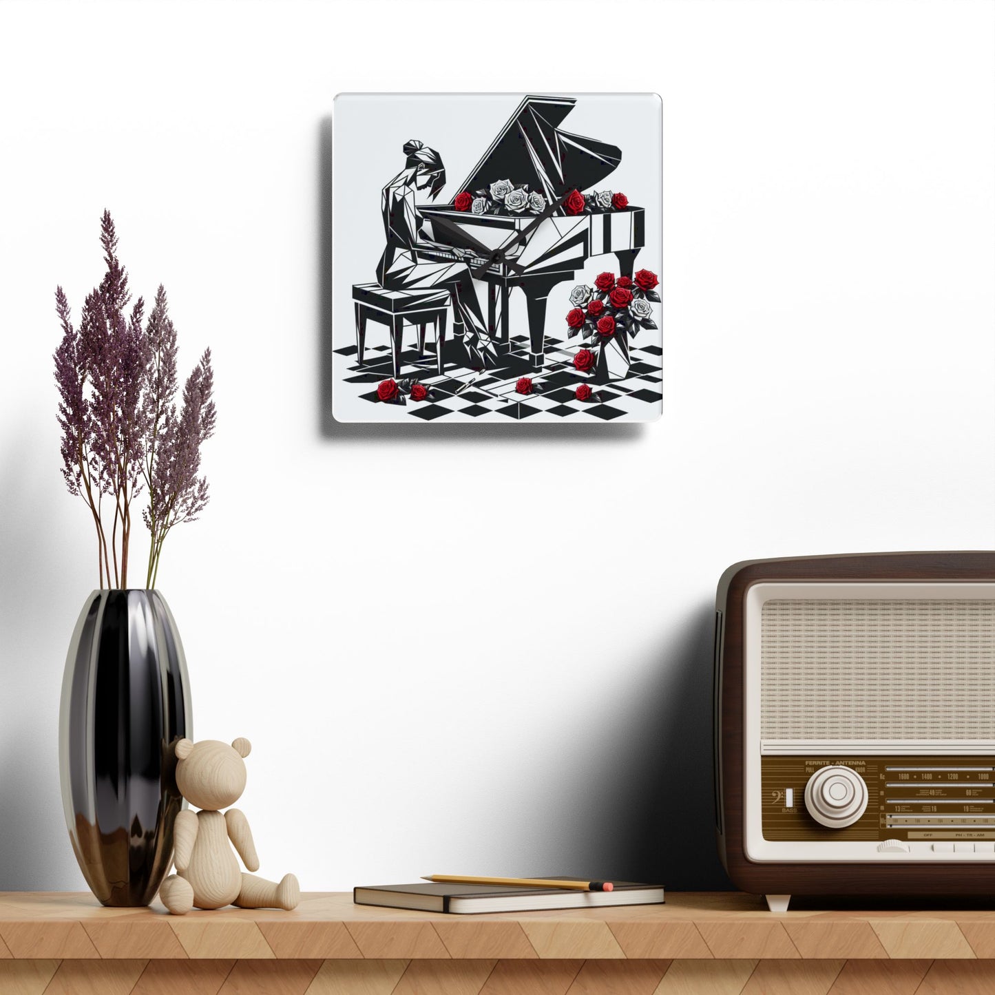 Elegant Piano and Roses Acrylic Wall Clock - Modern Home Decor
