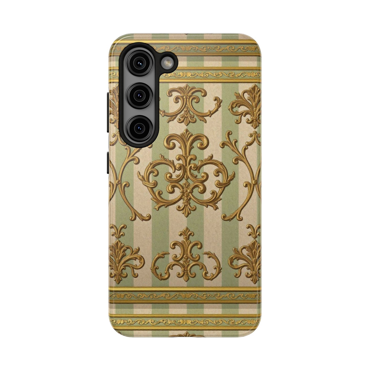 Vintage Elegance Phone Case, Tough Phone Cases for Style, Gift for Birthdays, Stylish Protection - Mint Green & Beige Striped Gold Baroque