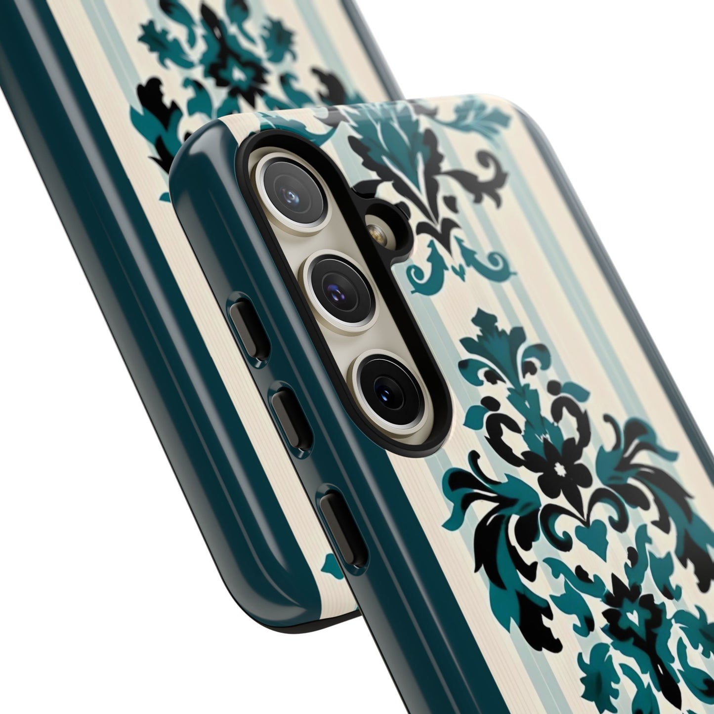 Elegant Floral Phone Case - Tough Cases with Vintage Design - Teal Striped Damask