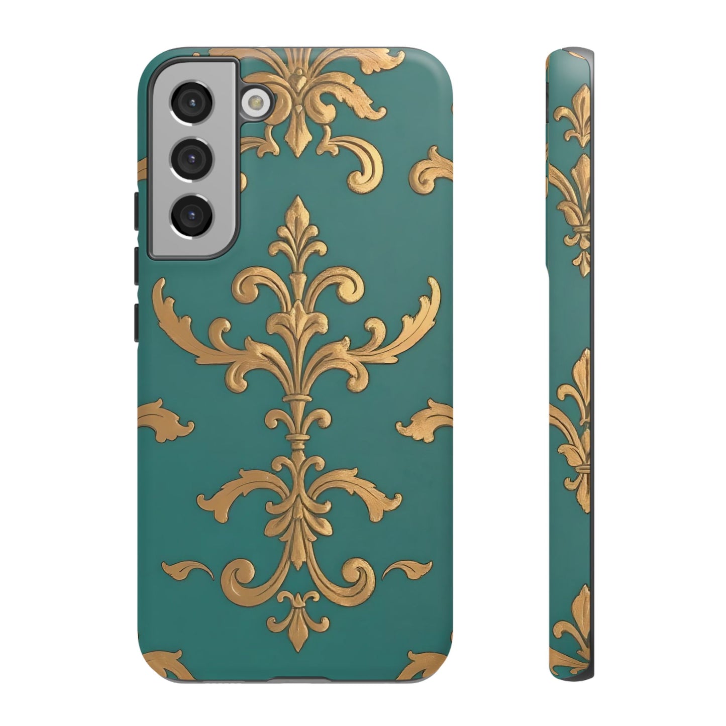 Elegant Floral Motif Phone Case - Tough Cases with Vintage Design - Aqua & Gold Damask