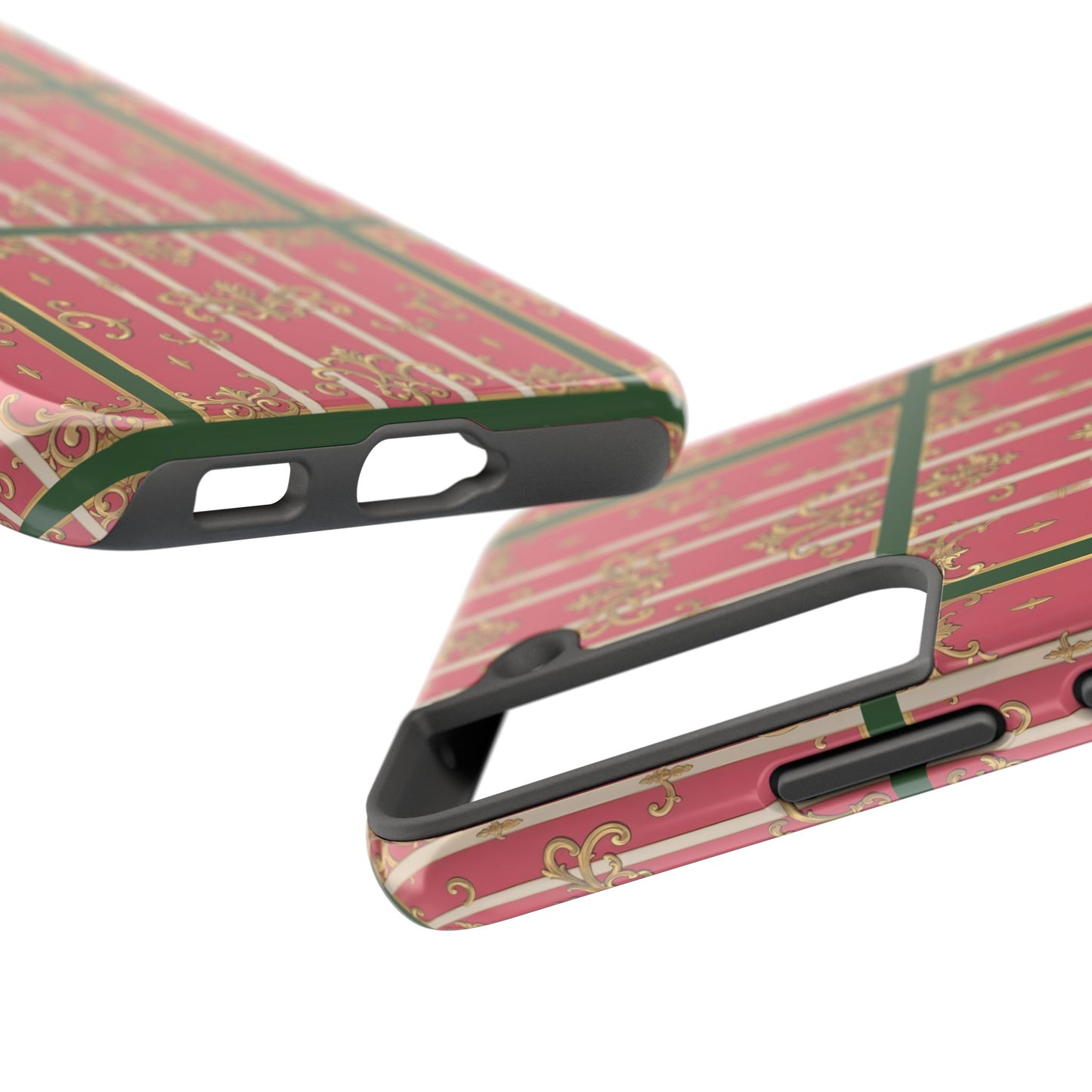 Elegant Green Border Pink Striped Baroque Phone Cases, Tough Phone Cases for Protection, Stylish Mobile Accessories, Gift for Her, Holiday Tech Gifts