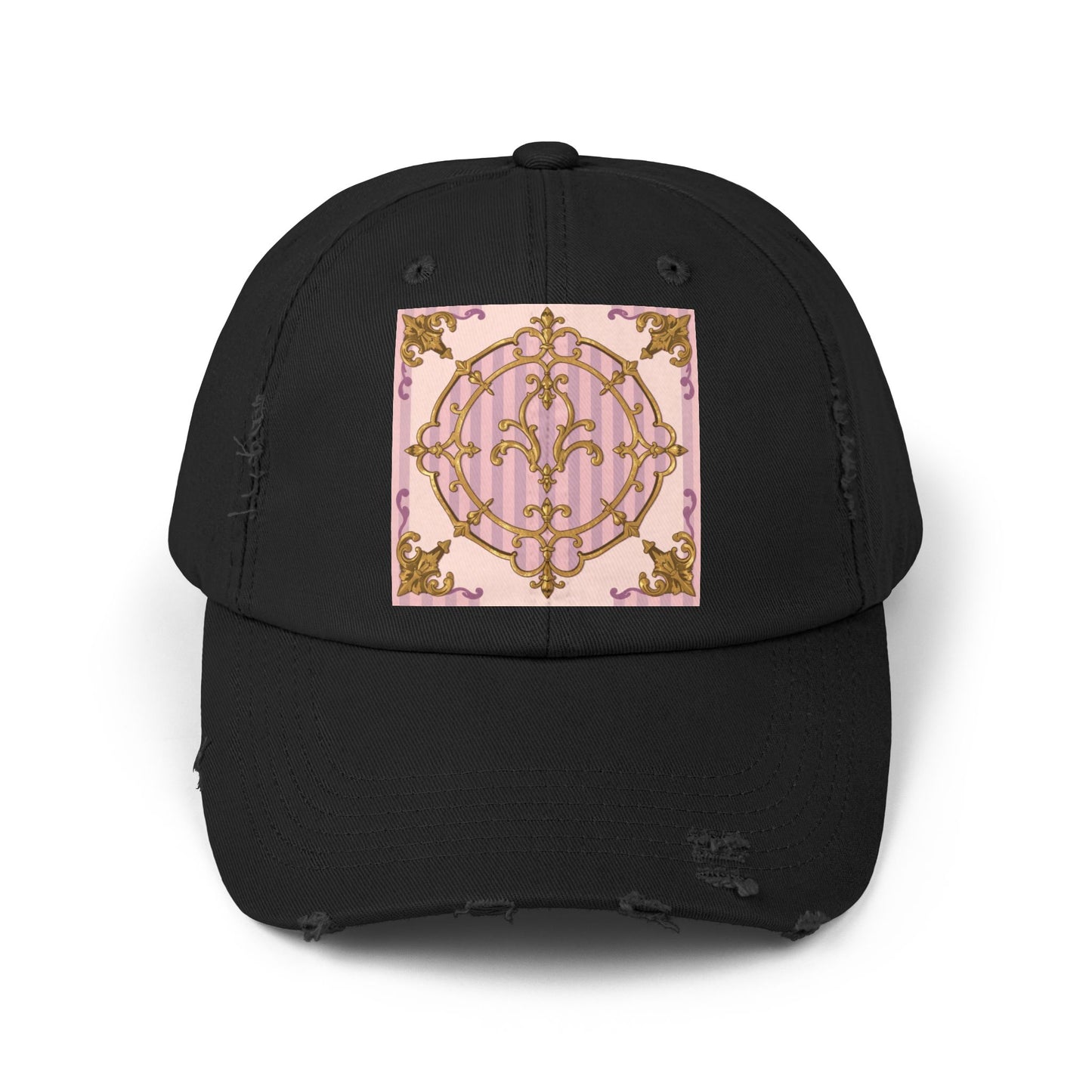 Chic Distressed Cap with Elegant Lavender & Alabaster Striped Gold Baroque Design | Casual Style, Streetwear, Gift for Her, Unique Accessory