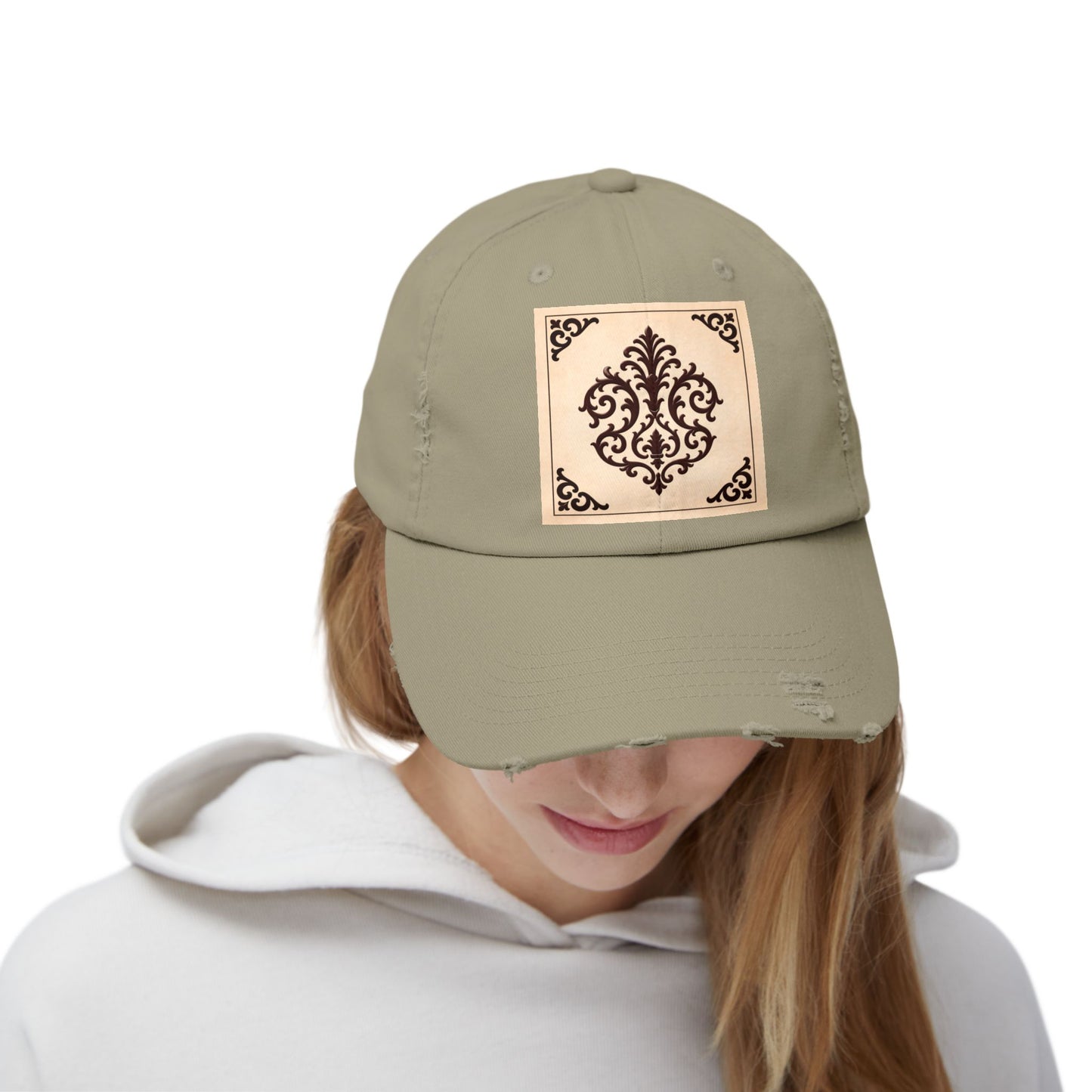 Almond-Beige & Brown Baroque Distressed Cap with Vintage Baroque Patch