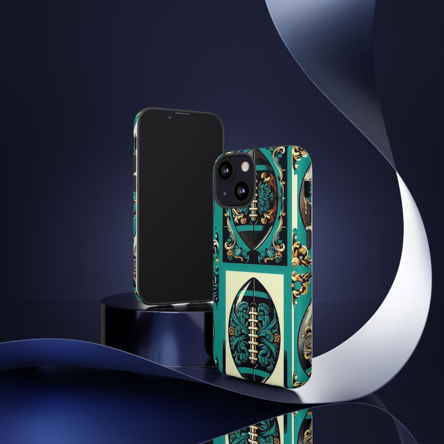 Elegant Floral Motif Phone Case - Tough Cases with Vintage Design -  Damask Teal, Gold & Black Footballs