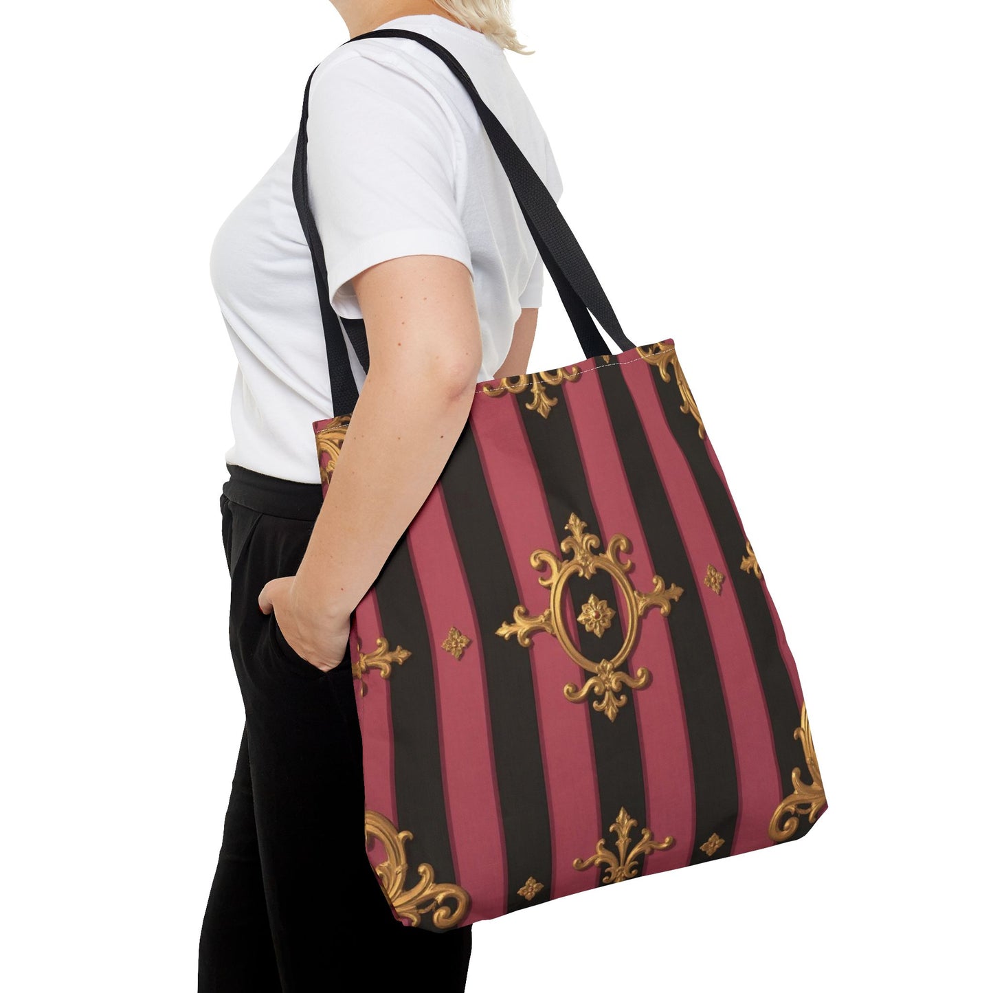 Elegant Black & Mauve Striped Gold Baroque Tote Bag - Chic Fashion Accessory, Shopping Companion, Decorative Carryall, Stylish Everyday Use