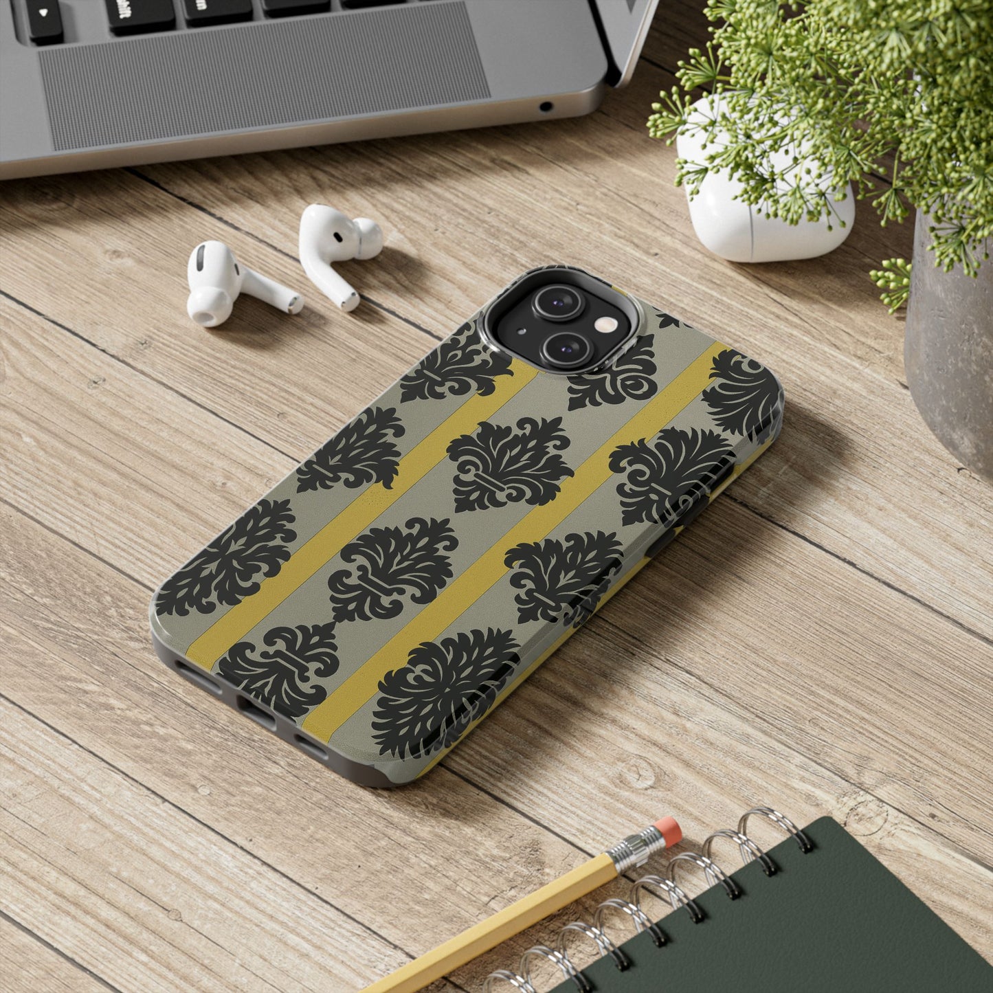 Elegant Baroque Tough Phone Cases | Chic Phone Protection | Gift for Her | Stylish Accessory | Holiday Gift Idea | Silver & Gold Striped Black Baroque