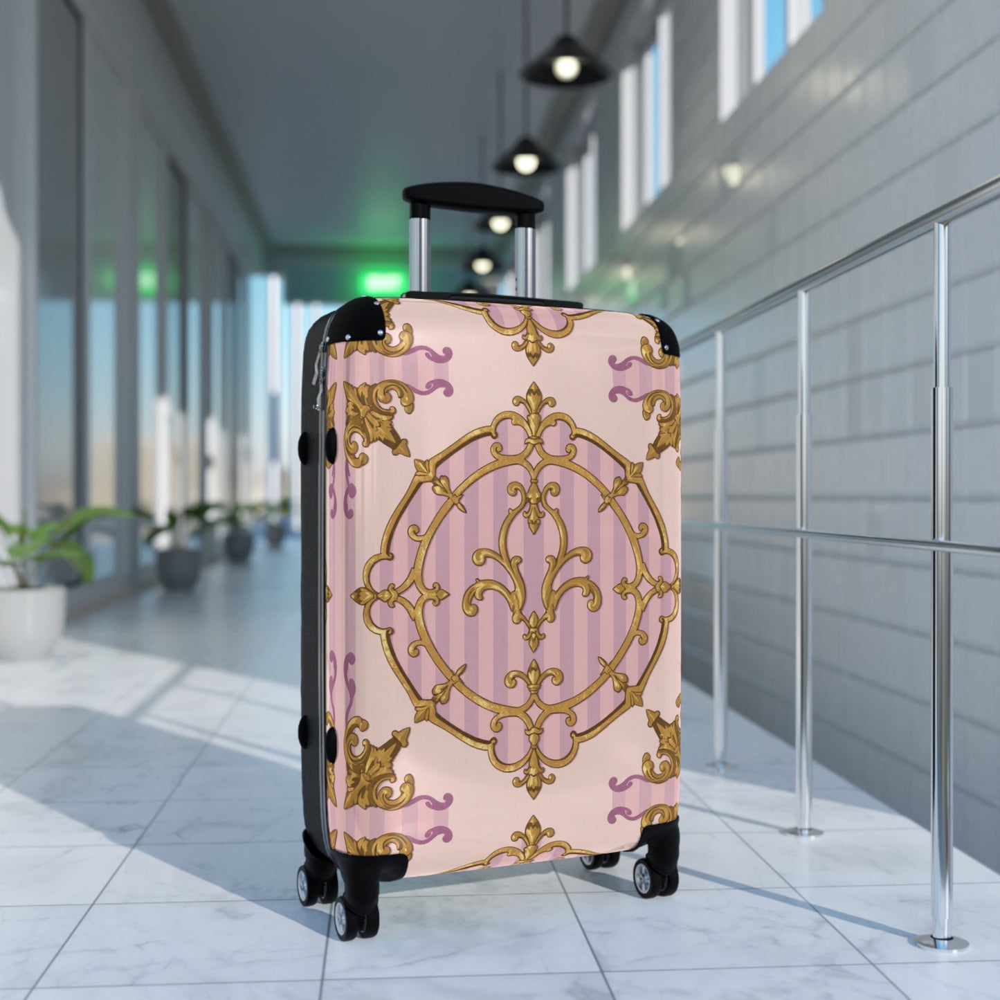 Elegant Lavender & Alabaster Striped Gold Baroque Suitcase for Travel, Stylish Luggage, Personalized Gift, Vacation Essential, Unique Design Suitcases