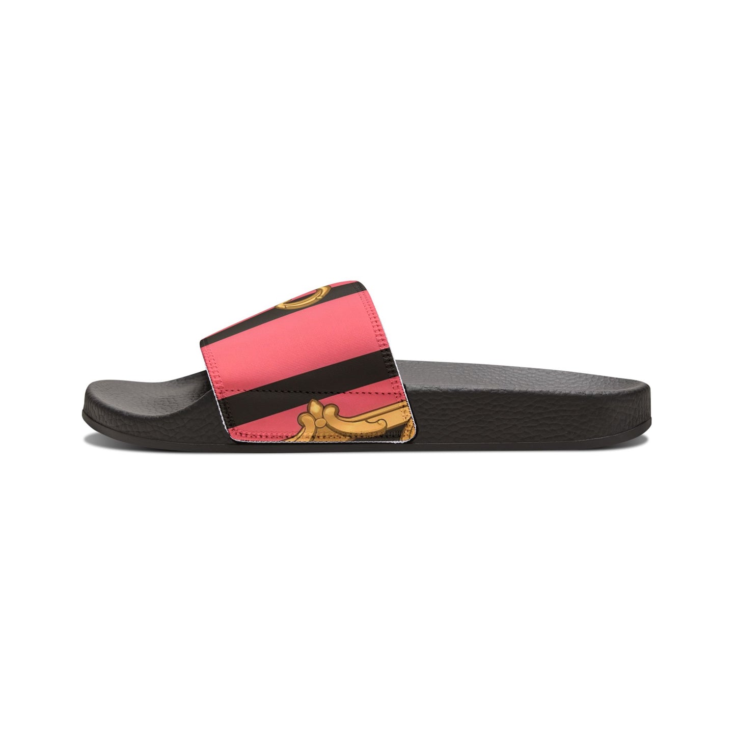 Chic Removable-Strap Sandals with Elegant Design, Stylish Summer Footwear, Beach Ready Slides - Pink & Black Striped Gold Baroque