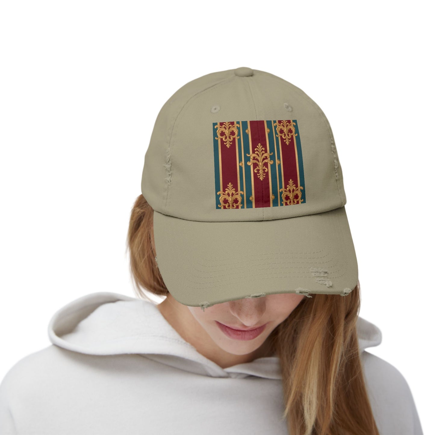 Stylish Unisex Distressed Cap with Vintage Striped Design, Casual Wear, Outdoor Activities, Gift for Him/Her - Burgundy Striped Gold Baroque