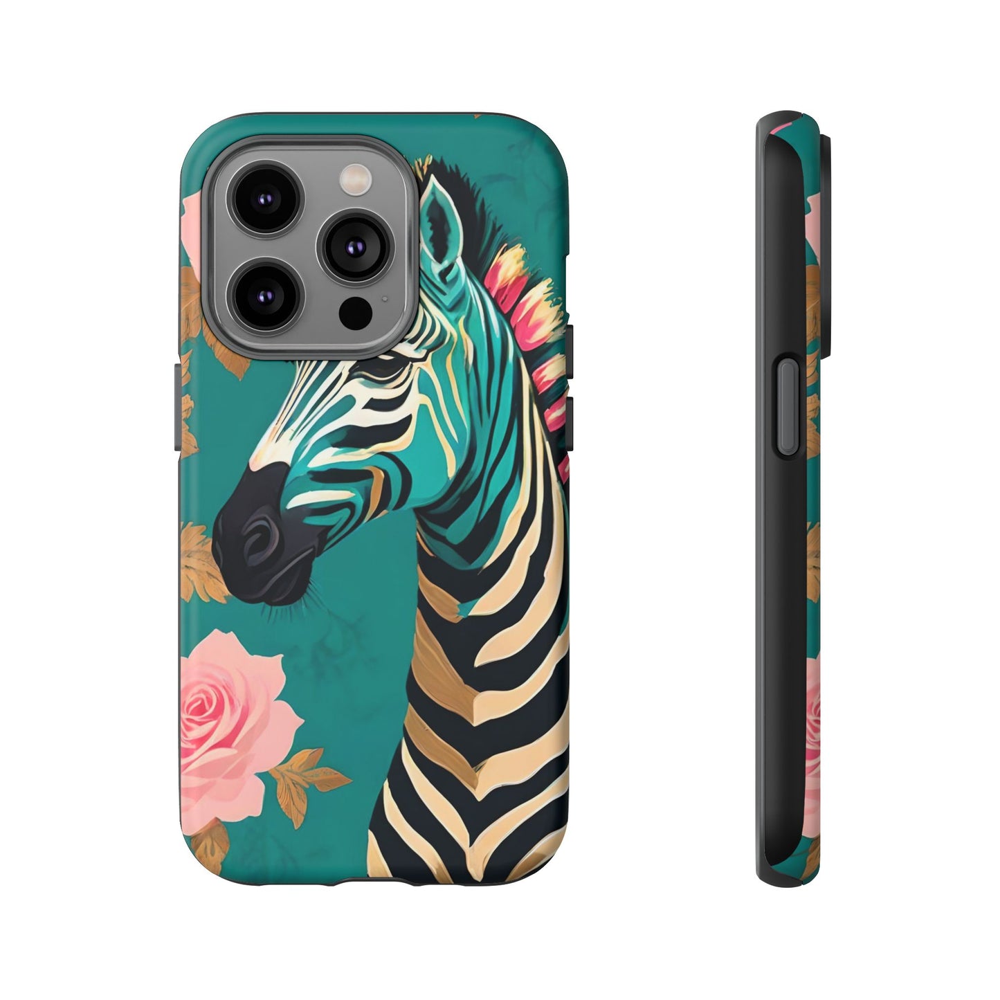 Phone Case - Elegant Teal & Gold Zebra & Roses Design