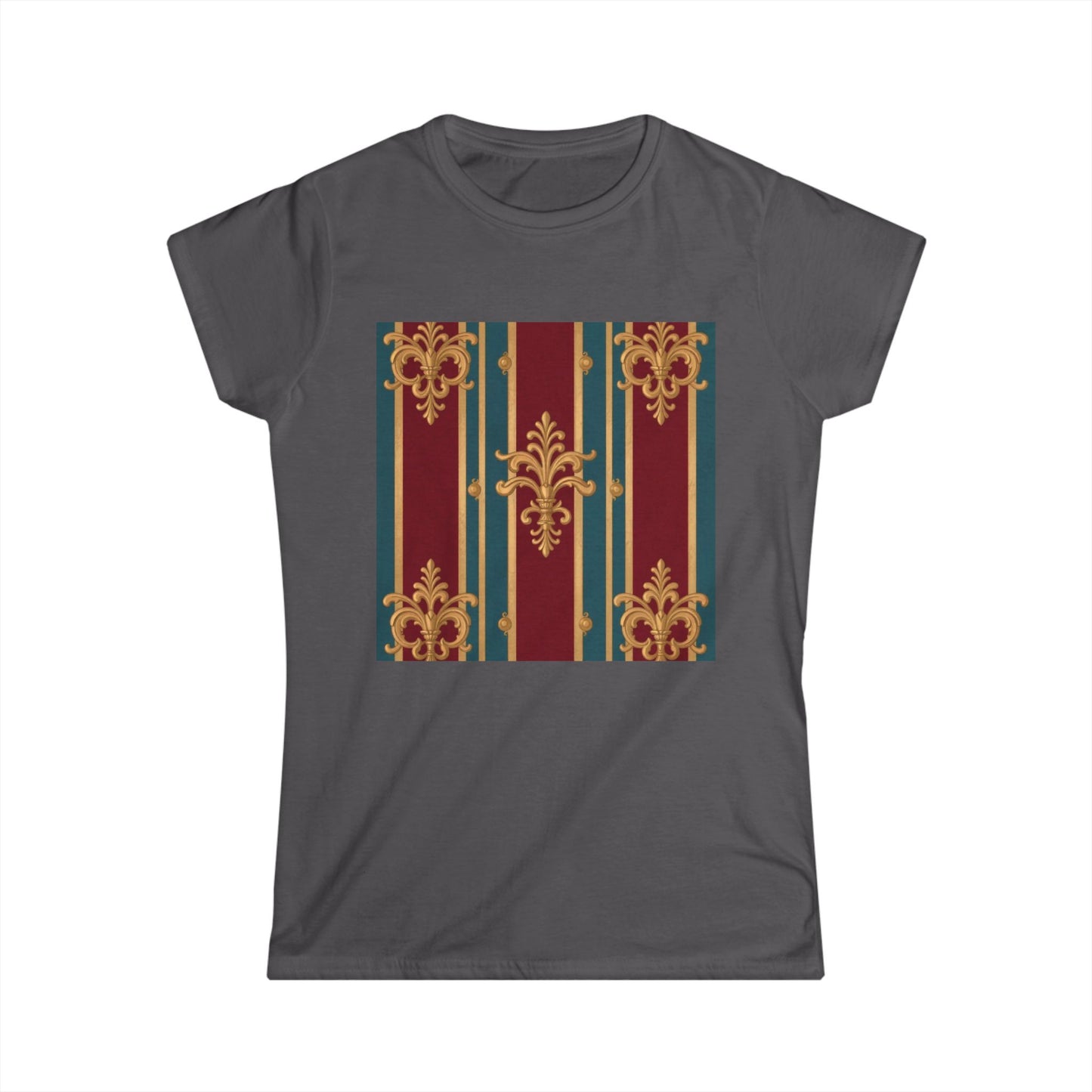 Elegant Floral Design Women's Softstyle Tee - Casual Wear, Gift for Her, Birthday, Summer Fashion - Burgundy Striped Gold Baroque