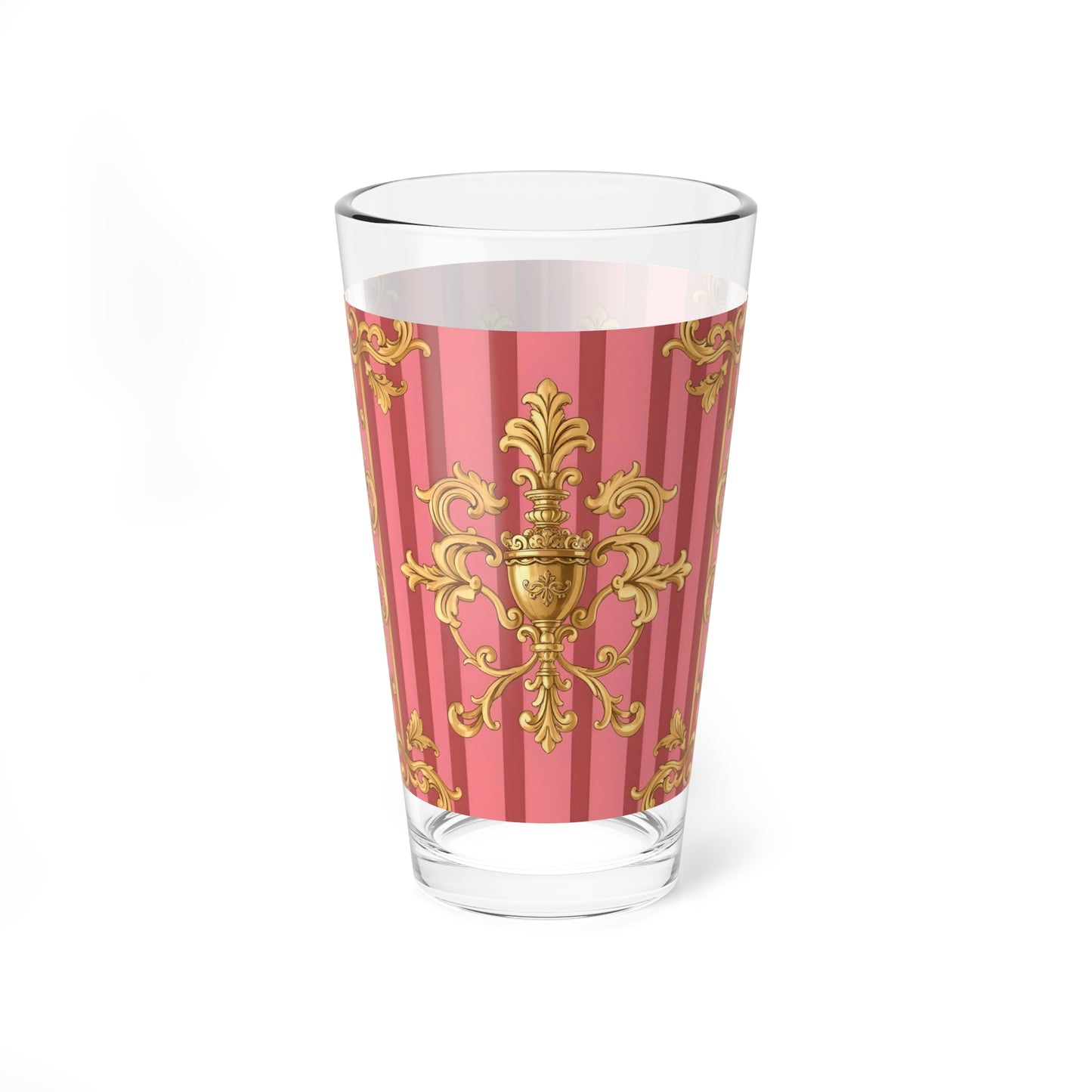 Elegant Pink Mixing Glass, 16oz | Perfect for Cocktails, Parties, Bridal Showers, Elegant Home Decor - Pink Striped Gold Baroque