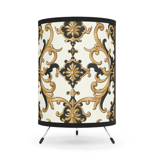 Elegant Tripod Lamp with High-Res Printed Shade, Decorative Lighting for Home, Vintage Style, Stylish Bedside Lamp - Black & Gold Rococo