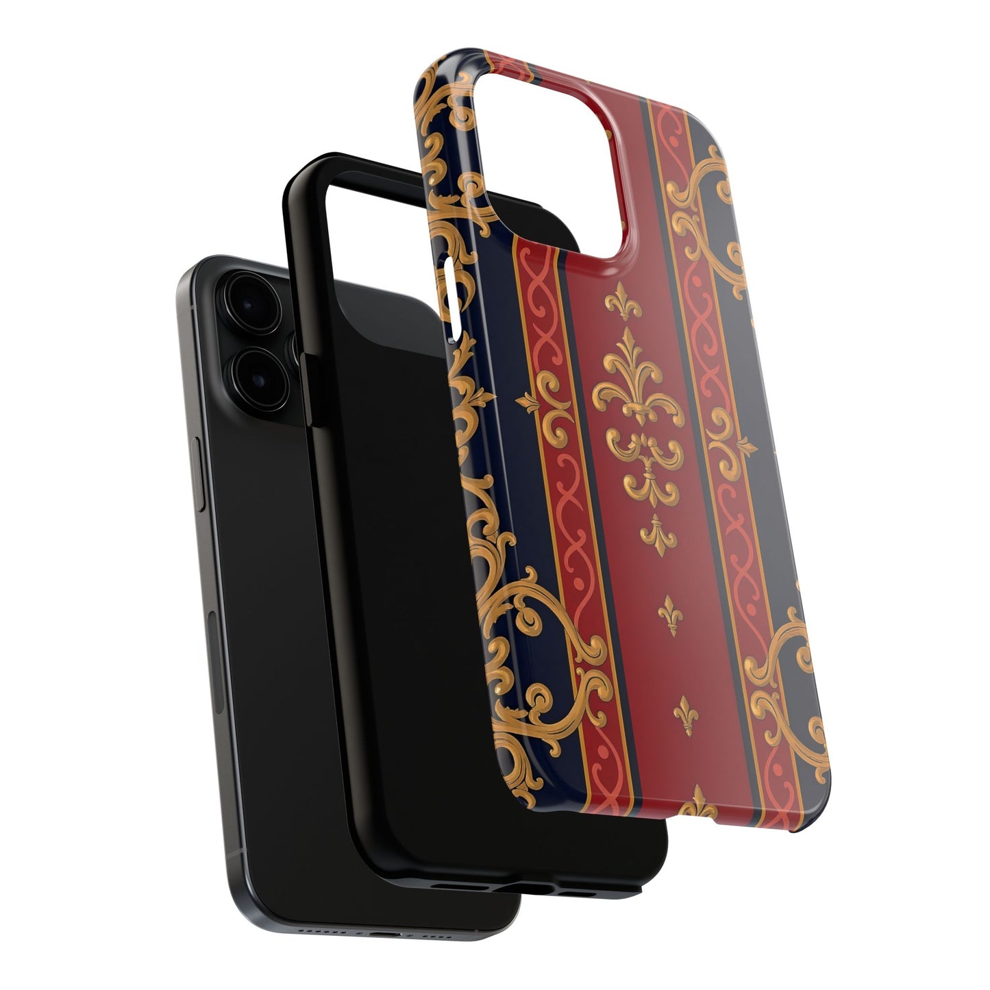 Elegant Vintage Phone Cases, Tough Phone Cover, Stylish Cell Phone Accessories, Durable Phone Protection - Midnight Blue & Dusk Red Gold Baroque