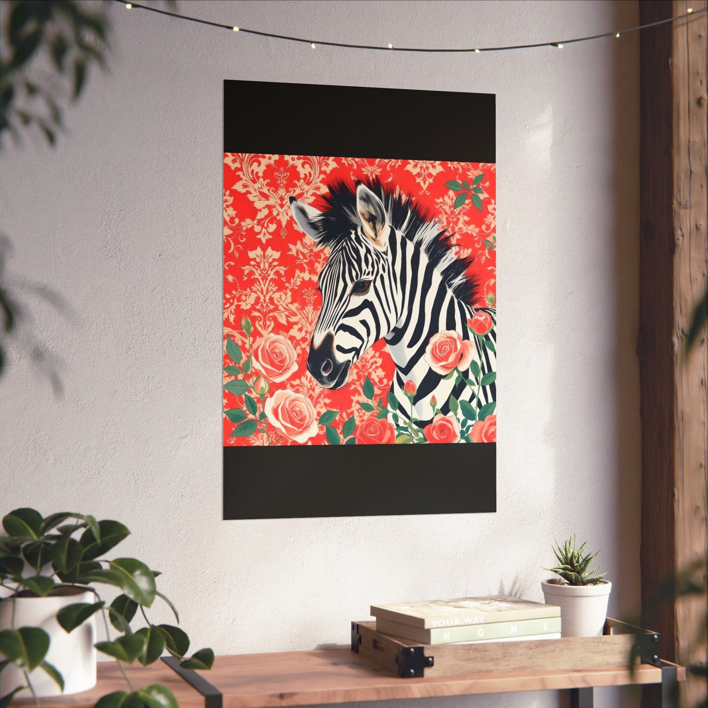 Floral Art Poster - Elegant Matte Vertical Wall Decor - Zebra With Coral Roses & Damask