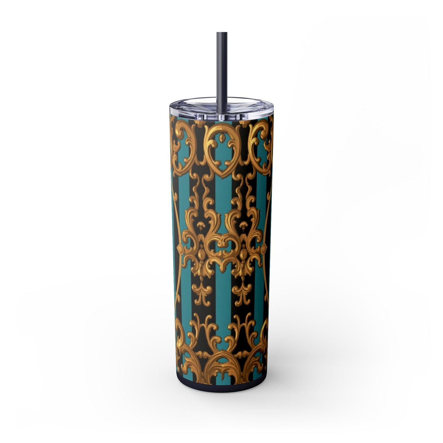 Elegant Turquoise & Black Striped Gold Baroque Skinny Tumbler with Straw, 20oz, Stylish Travel Mug, Party Favor, Birthday Gift, Drinkware