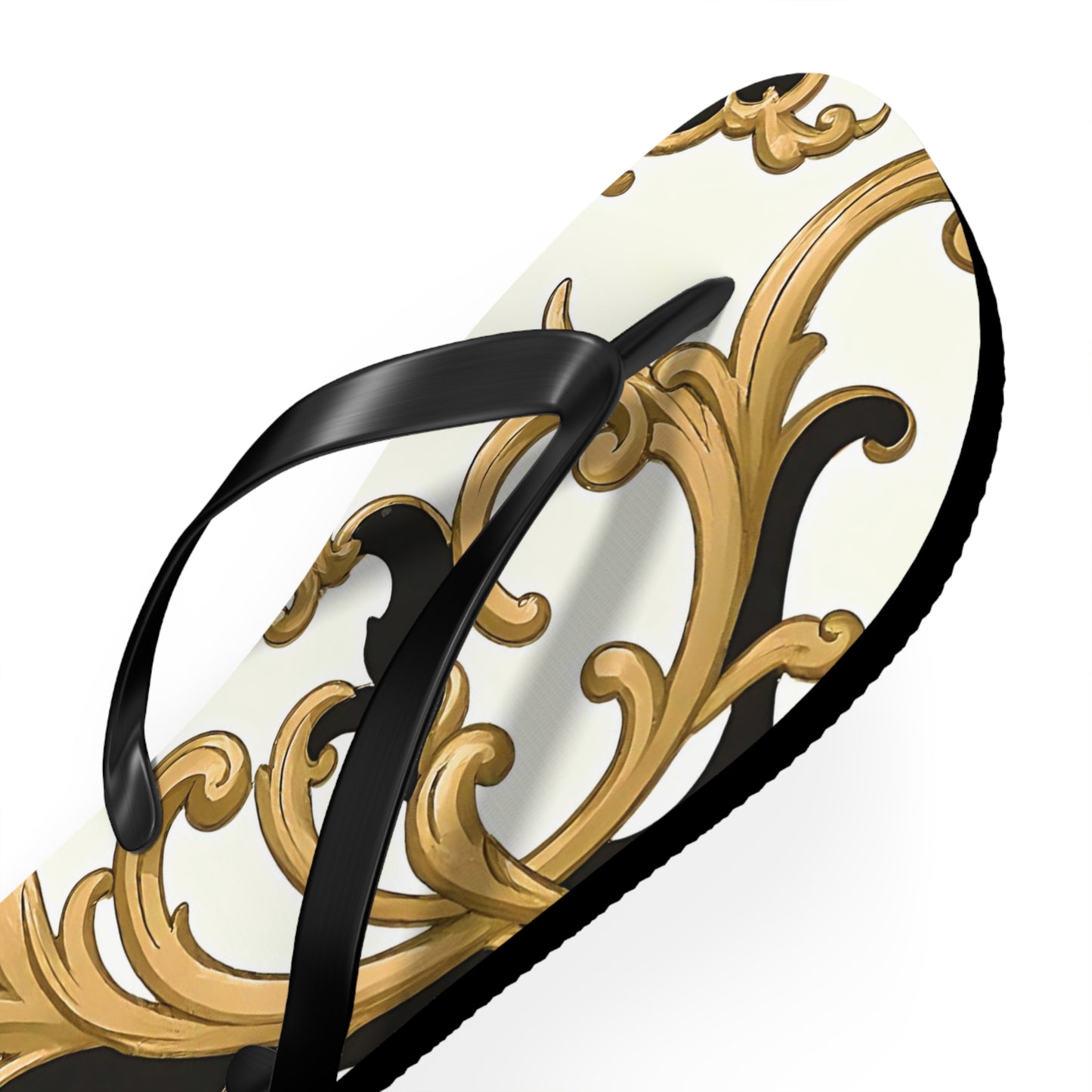 Elegant Floral Flip Flops, Beach Sandals, Summer Casual Footwear, Vacation Essentials, Poolside Accessories, Gift for Her - Black & Gold Rococo