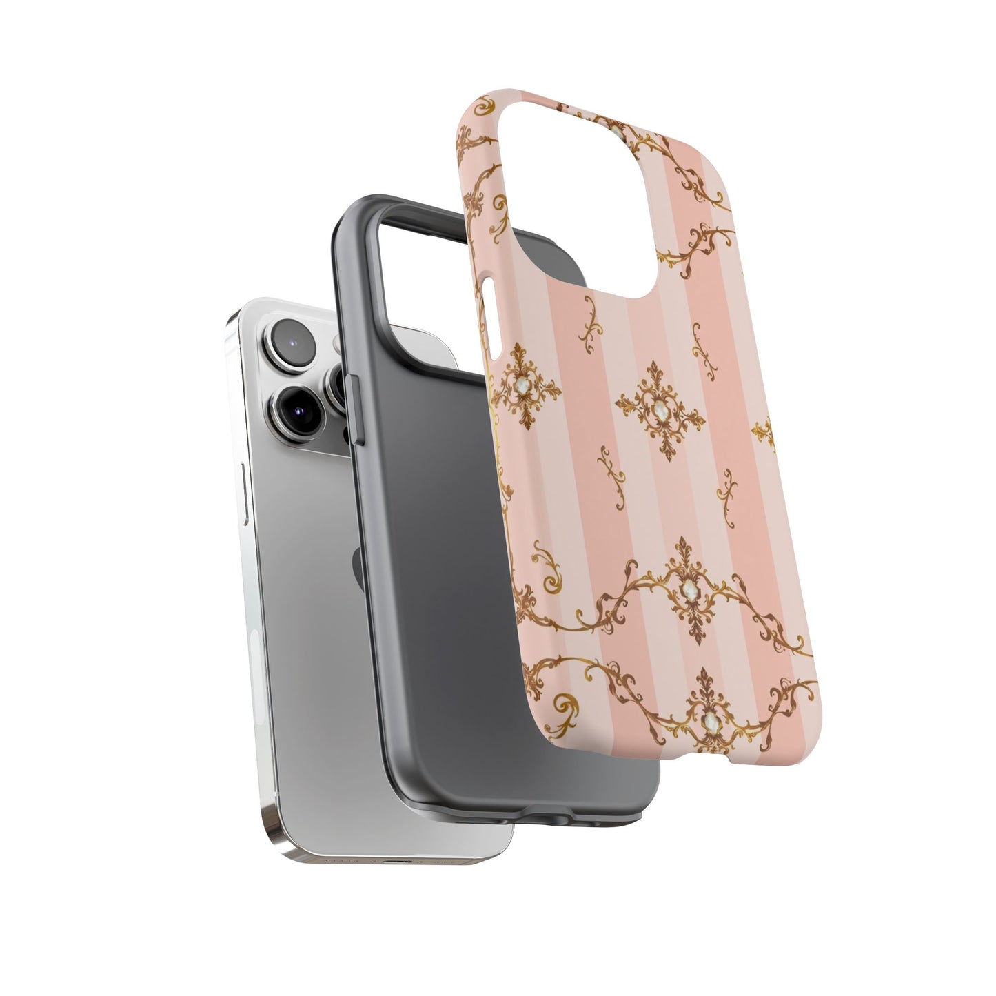 Elegant Floral Phone Case, Tough Cases for Women, Trendy Phone Cover, Chic Gift - Pink Jeweled Striped Gold Baroque