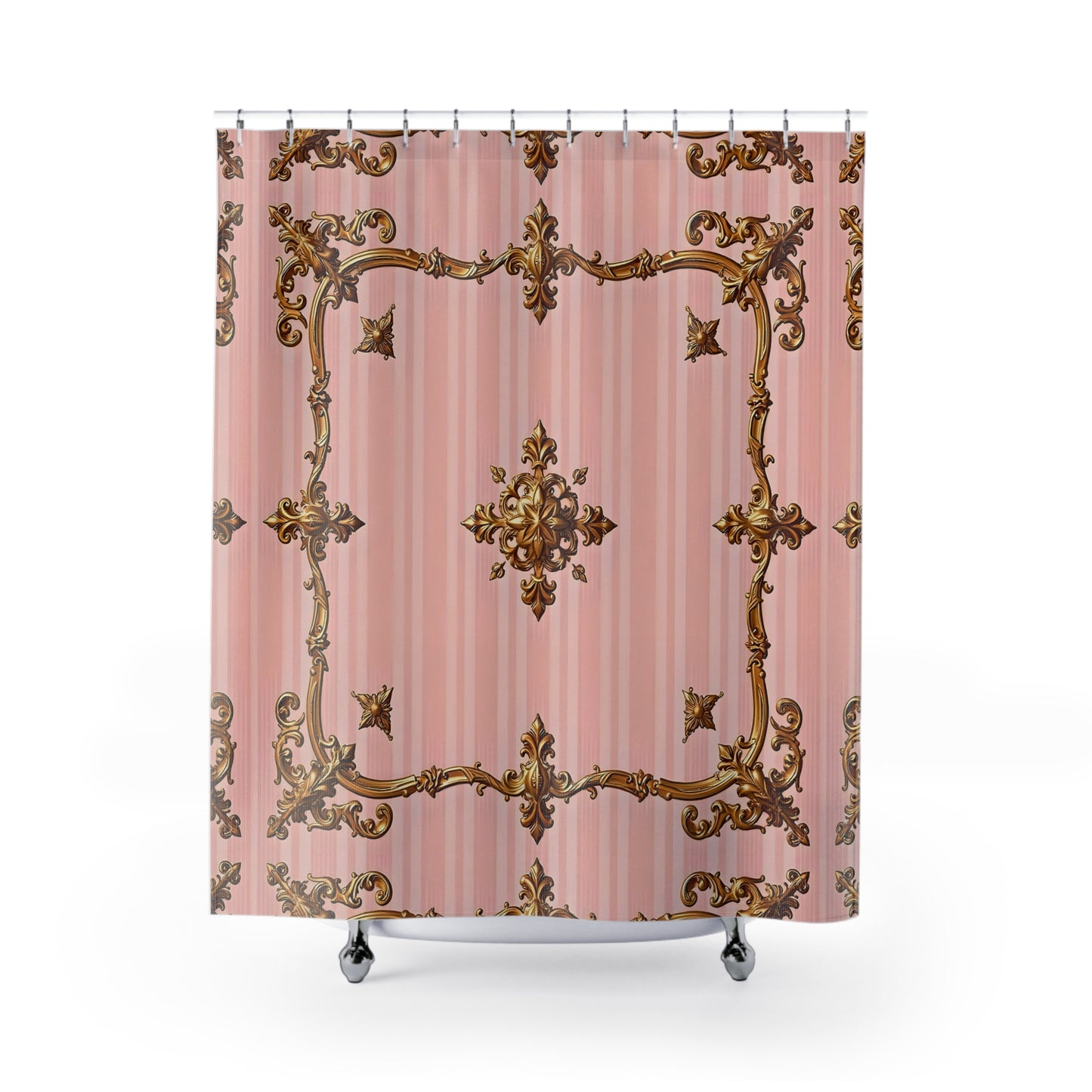 Elegant Vintage Floral Shower Curtain - Pink Striped Gold Baroque Design