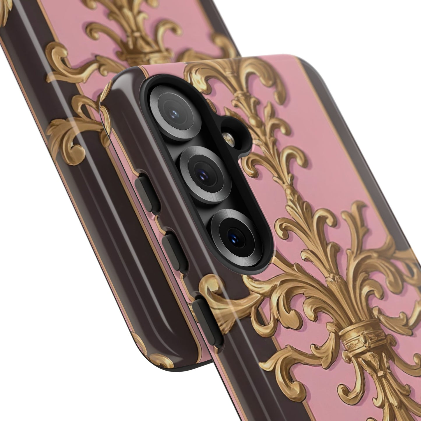 Elegant Floral Motif Phone Case - Tough Cases with Vintage Design - Pink & Brown Striped Gold Damask