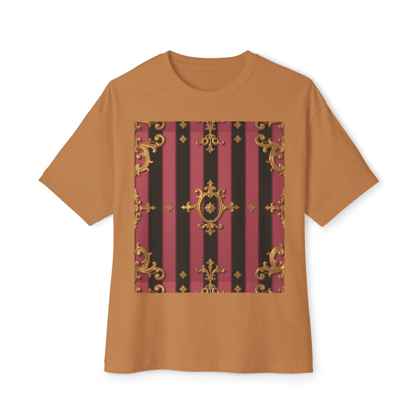 Stylish Black & Mauve Striped Gold Baroque Oversized Tee - Chic Statement Top, Casual Fashion, Perfect for Festivals