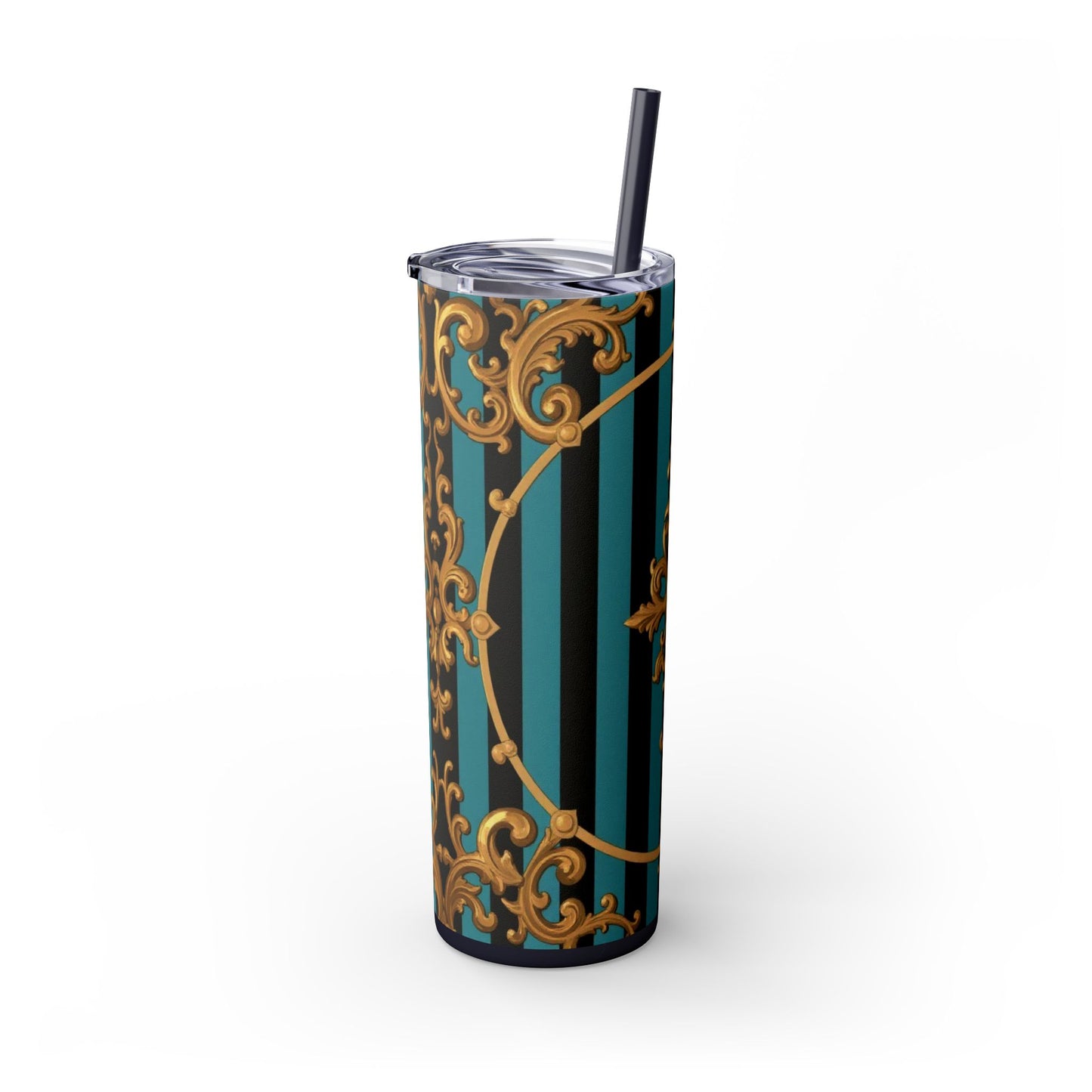 Elegant Turquoise & Black Striped Gold Baroque Skinny Tumbler with Straw, 20oz, Stylish Travel Mug, Party Favor, Birthday Gift, Drinkware