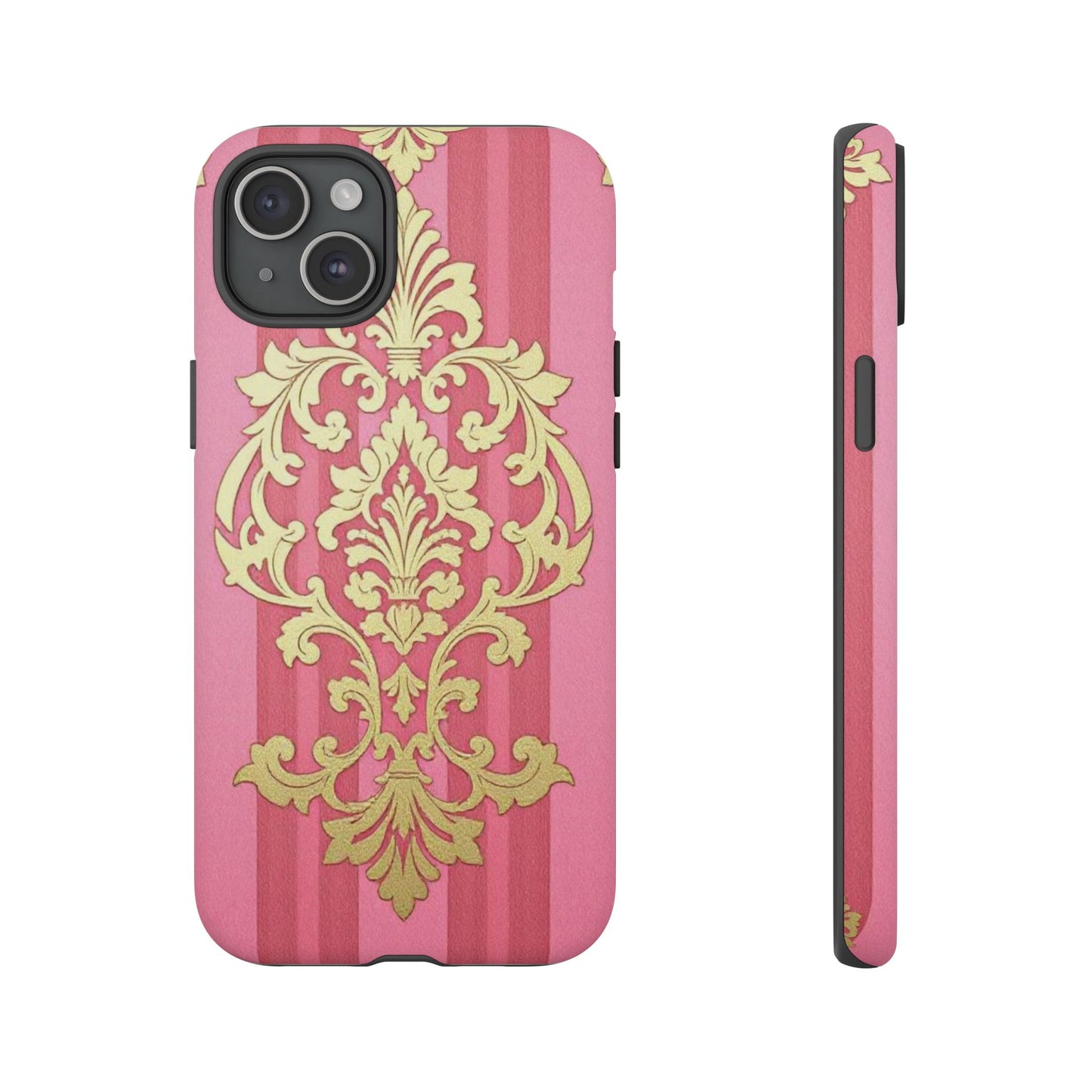 Elegant Floral Motif Phone Case - Tough Cases with Vintage Design - Pink Striped Damask