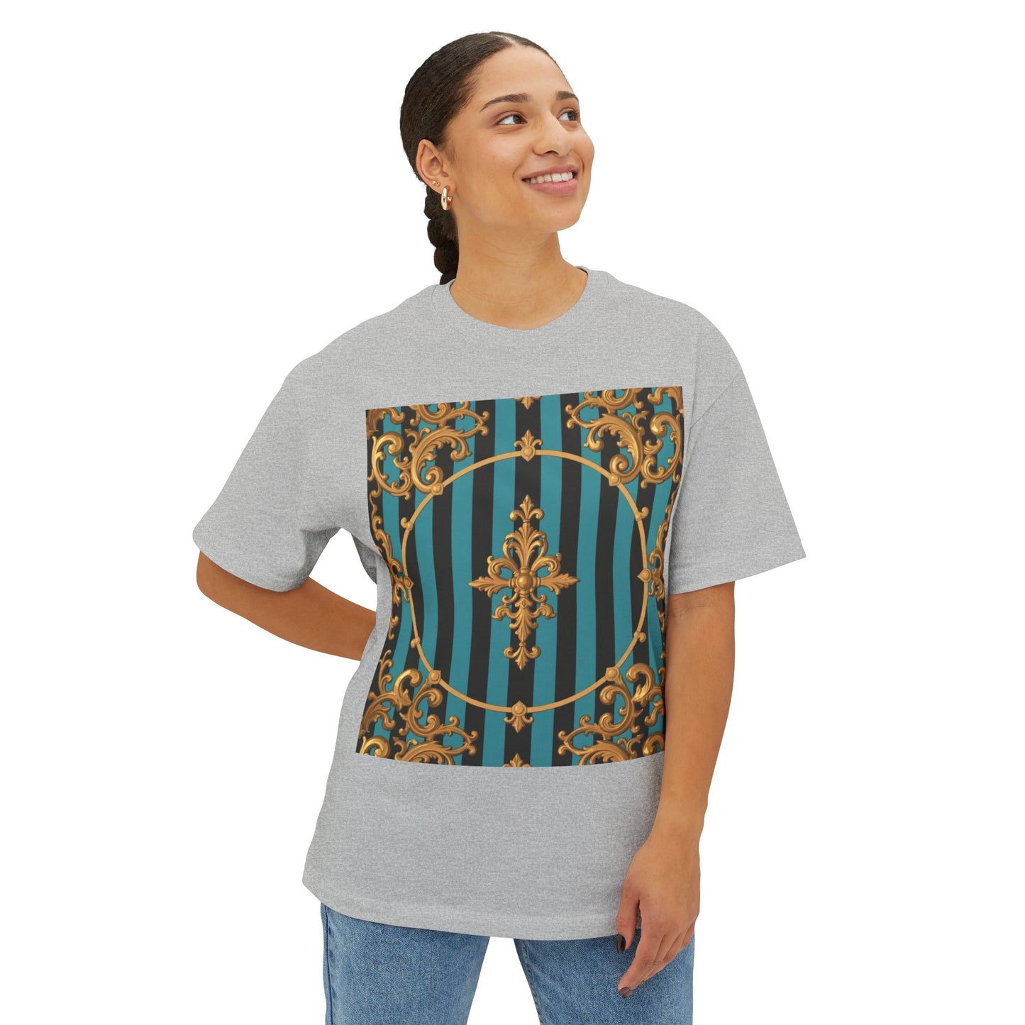 Stylish Turquoise & Black Striped Gold Baroque Unisex Oversized Boxy Tee, Retro Graphic Shirt, Casual Wear, Trendy Fashion, Unique Gift Idea