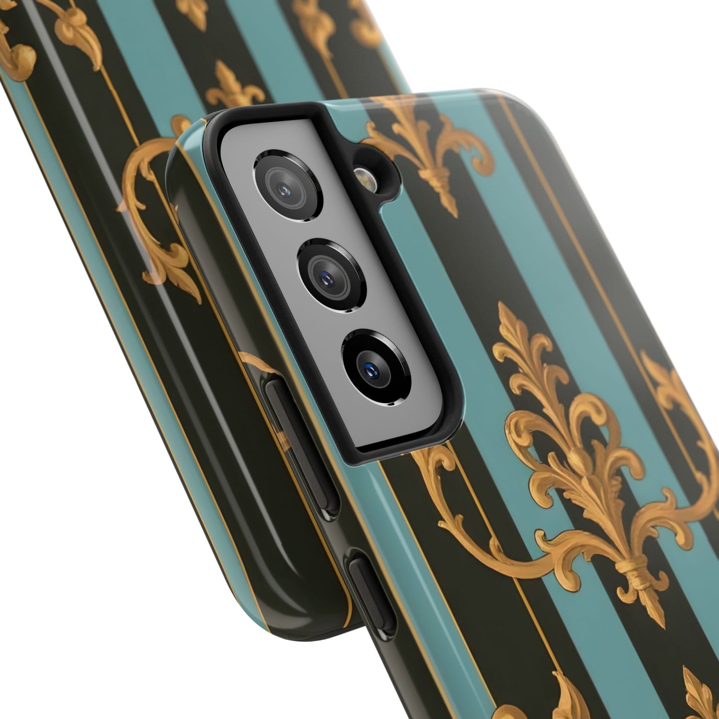 Elegant Baroque Tough Phone Case, Stylish Phone Cover, Durable iPhone Case, Unique Gift - Black & Turquoise Striped Baroque